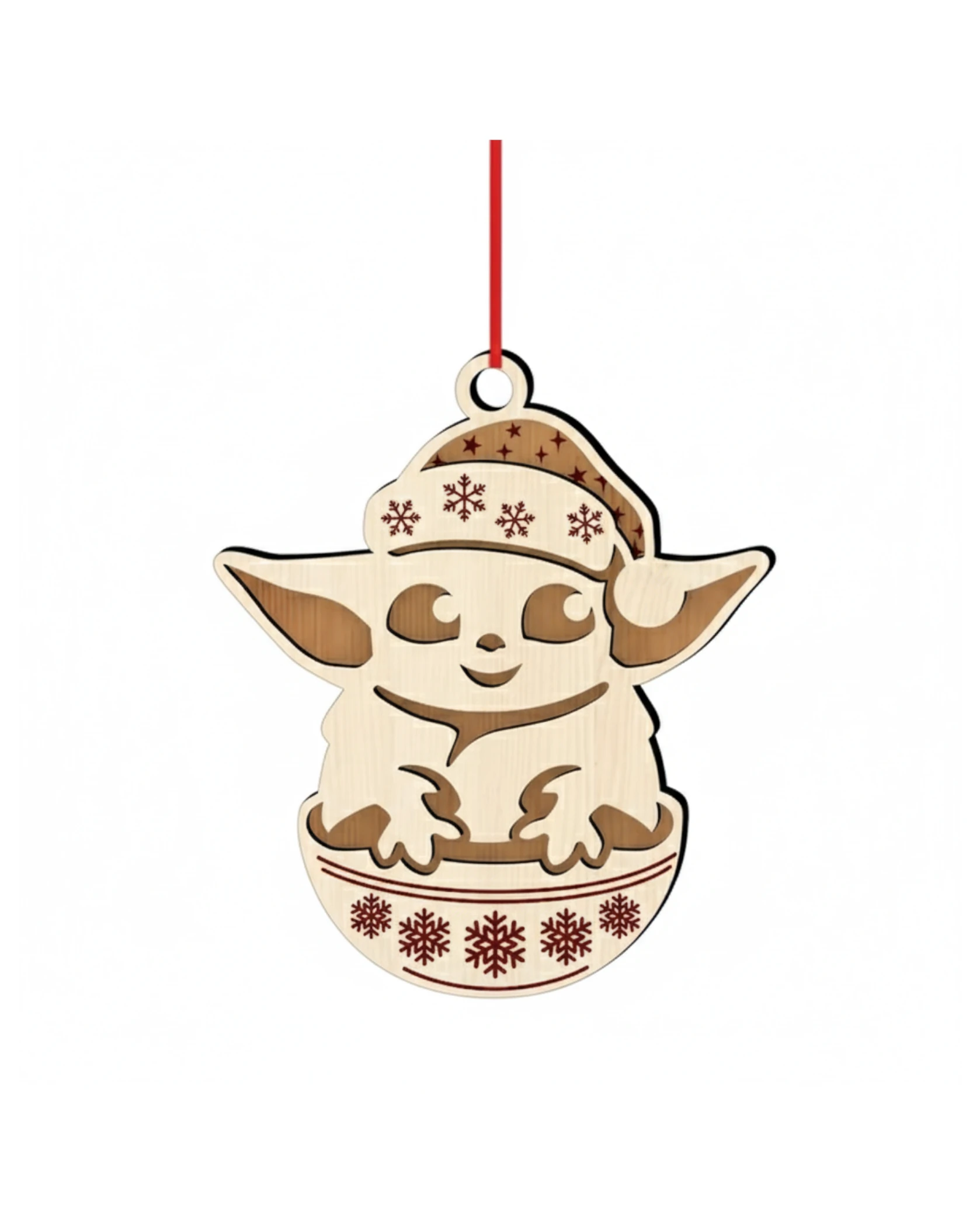Drewniana Ozdoba Świąteczna Grogu "Baby Yoda" w Czapce Mikołaja - grawerowanie laserowe ze sklejki | Lumoria Studio Rybnik