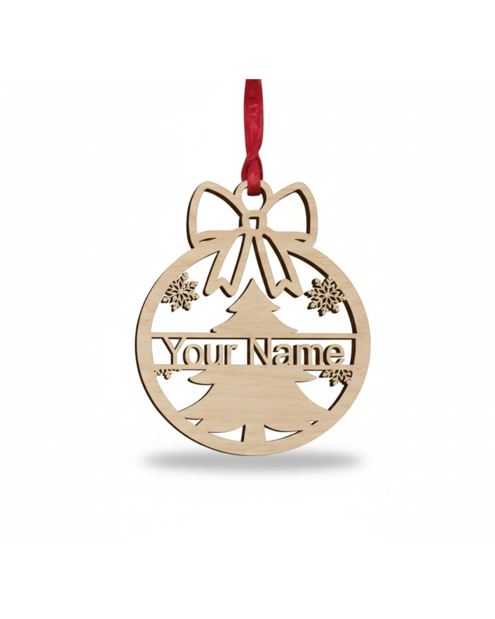 Personalizowana Drewniana Bombka Choinkowa z Kokardką | Imienna Ozdoba Świąteczna - grawerowanie laserowe ze sklejki | Lumoria Studio Rybnik