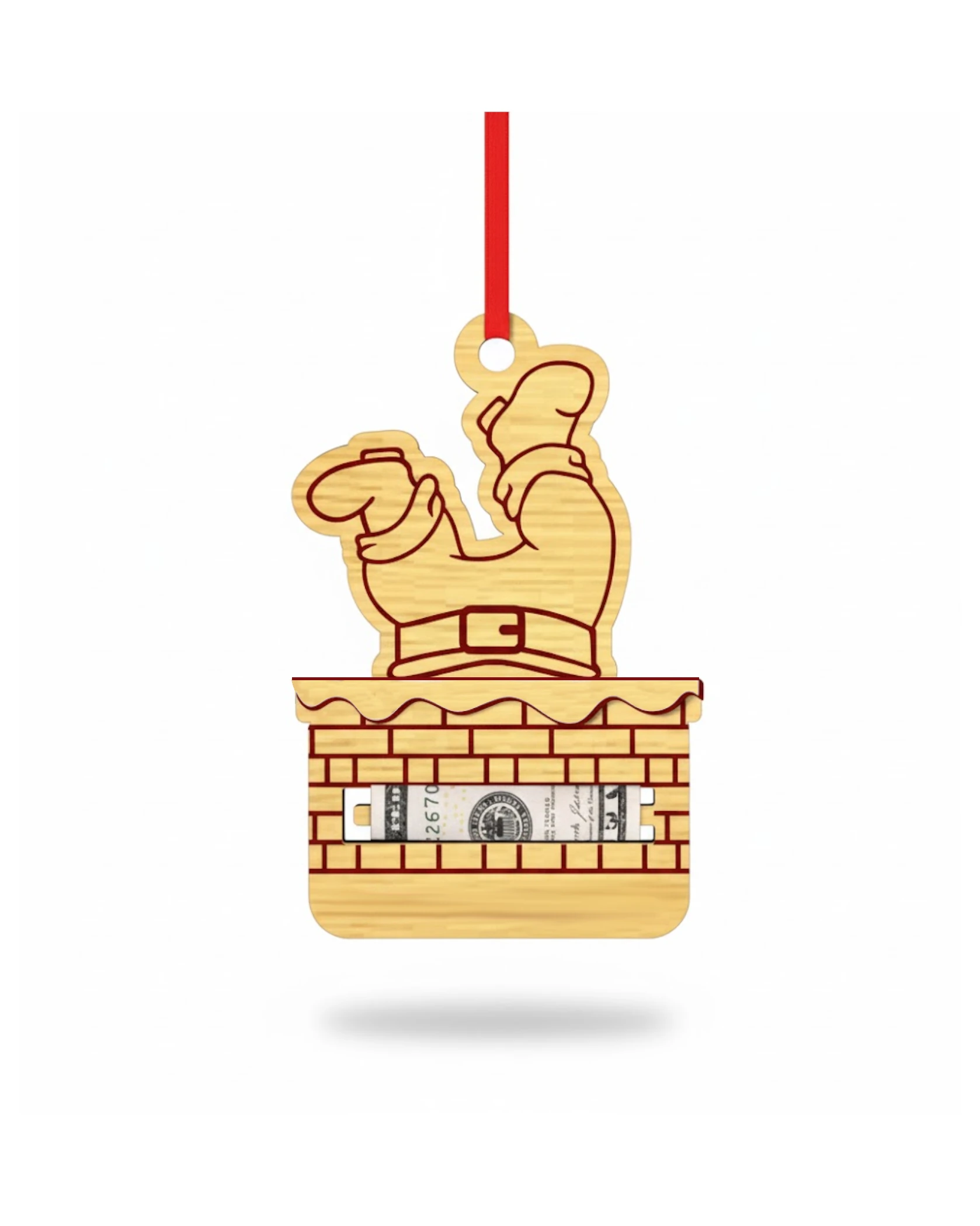 Drewniana Bombka-Pudełko na Pieniądze - Święty Mikołaj w Kominie - grawerowanie laserowe ze sklejki | Lumoria Studio Rybnik