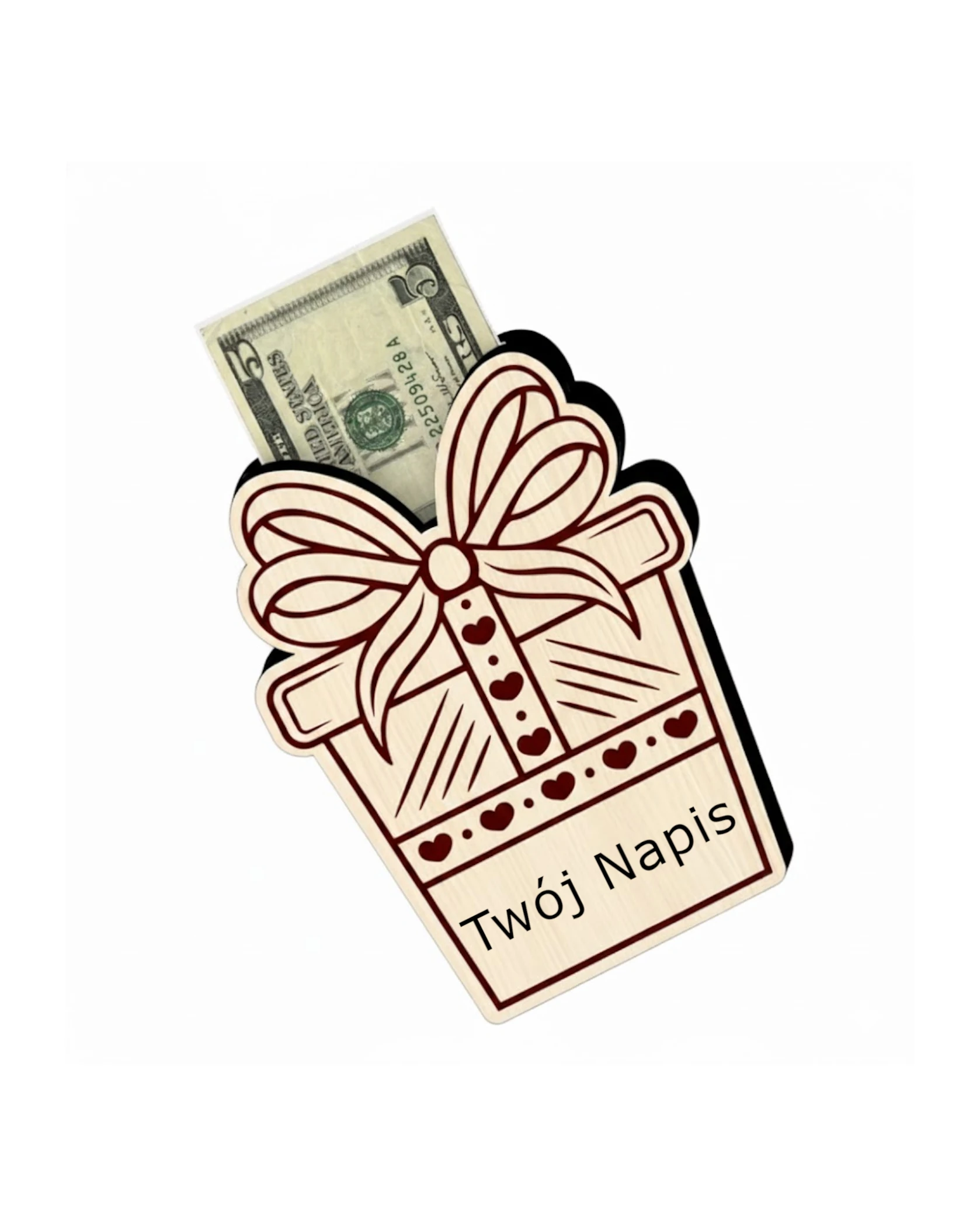 Drewniana Bombka-Pudełko na Pieniądze "Prezent z Kokardą" - zdjęcie 2 - grawerowanie laserowe