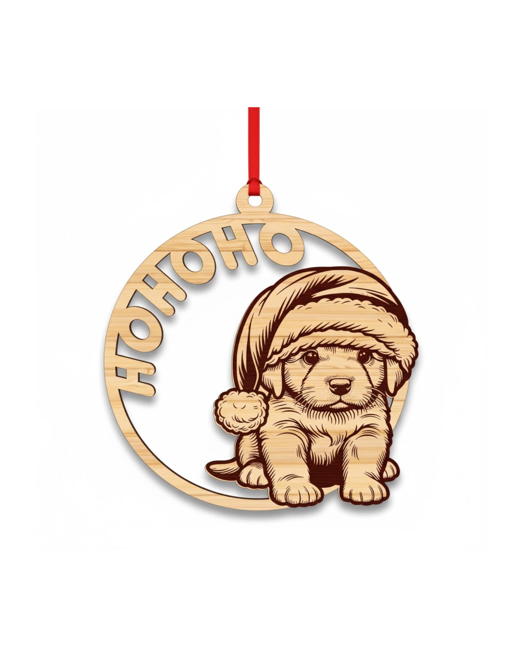 Drewniana Bombka HOHOHO z Uroczym Szczeniakiem w Czapce Mikołaja - grawerowanie laserowe ze sklejki | Lumoria Studio Rybnik