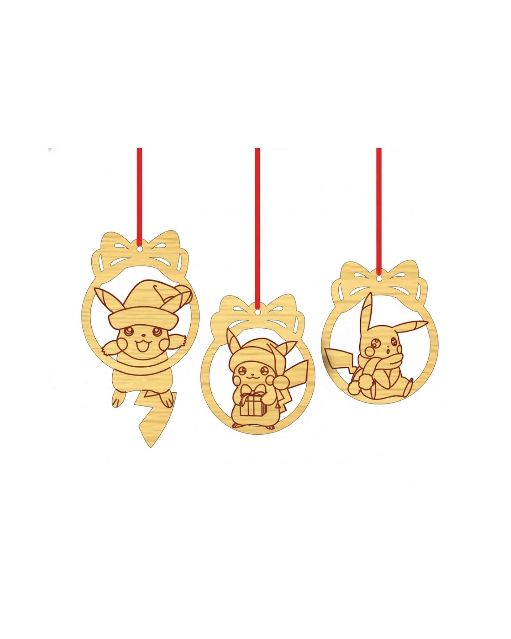 Drewniane Bombki Świąteczne Pikachu - Zestaw 3 Ozdób Pokémon - grawerowanie laserowe ze sklejki | Lumoria Studio Rybnik