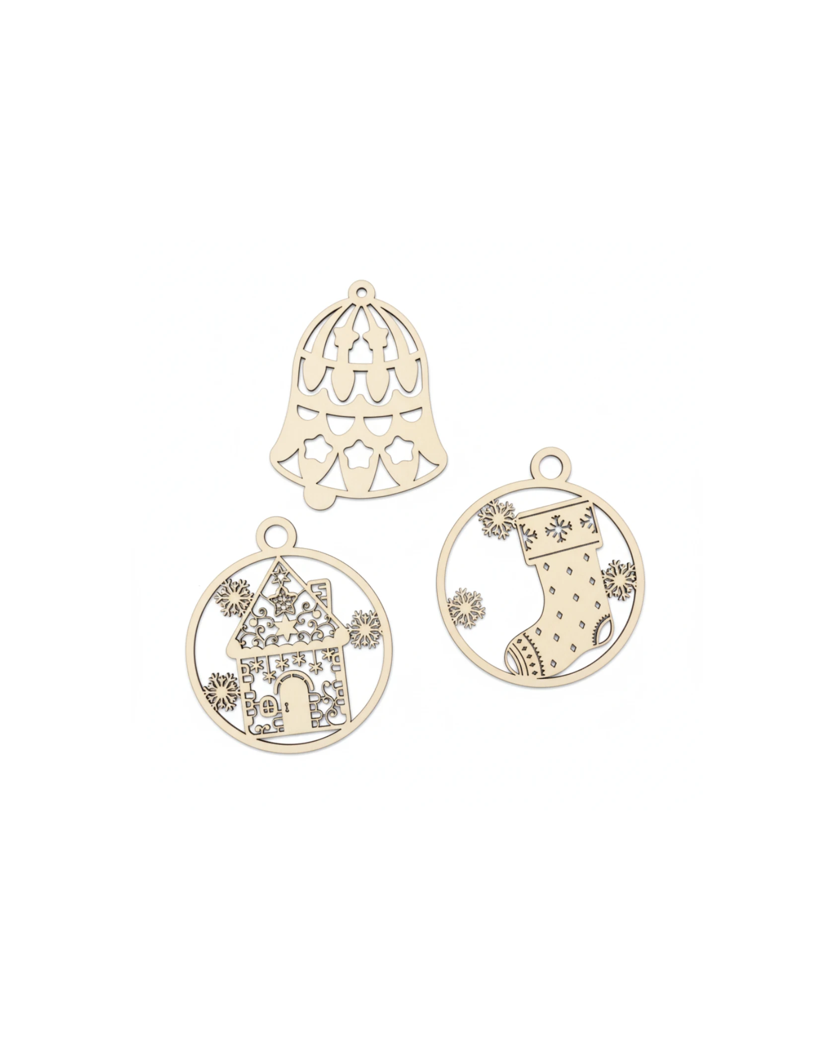 Zestaw Zawieszek Choinkowych ze Sklejki – Ozdoby Grawerowane (Zestaw 3 sztuk) - grawerowanie laserowe ze sklejki | Lumoria Studio Rybnik