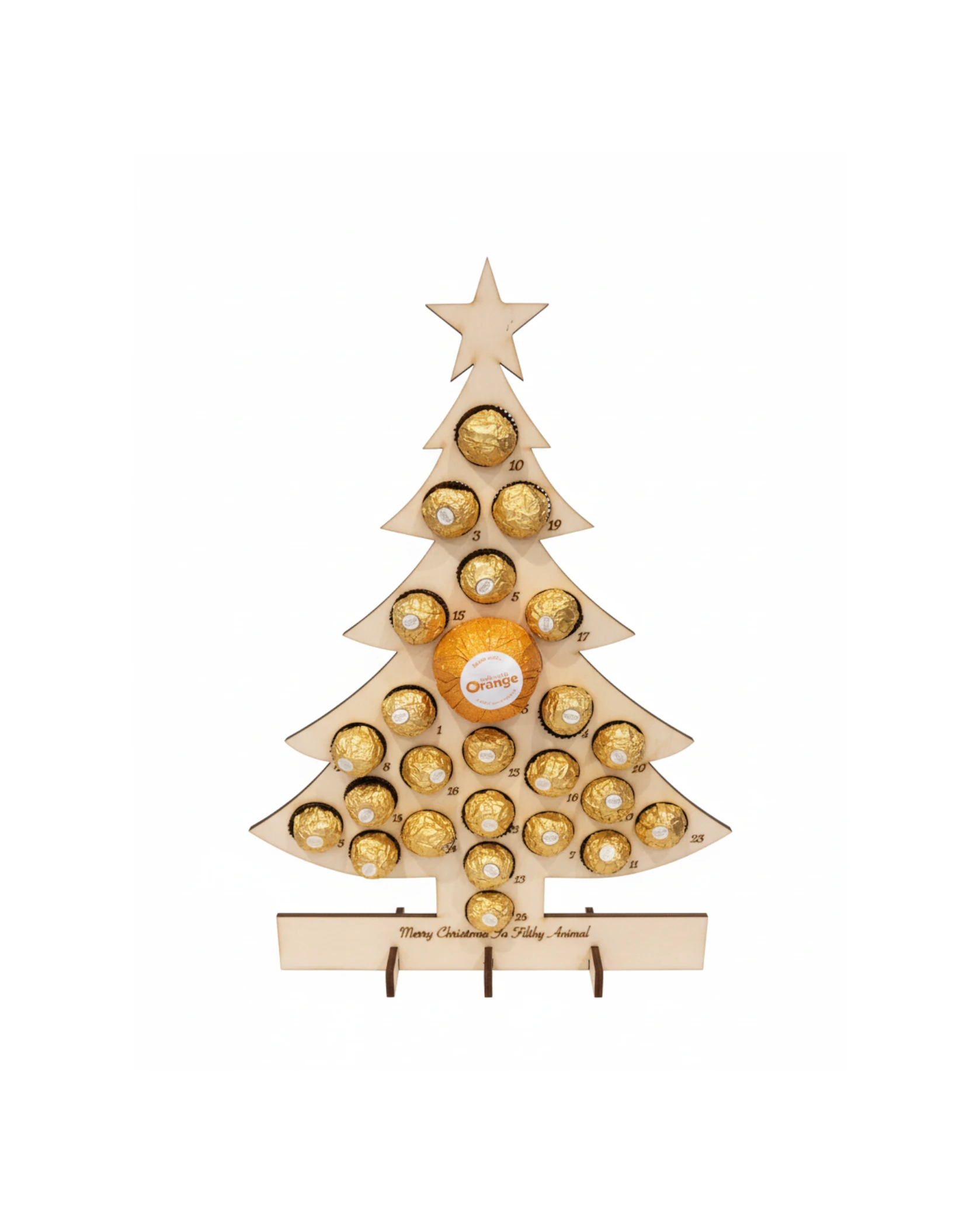 Kalendarz Adwentowy Choinka ze Sklejki – Stojak na Czekoladki Ferrero Rocher - grawerowanie laserowe ze sklejki | Lumoria Studio Rybnik