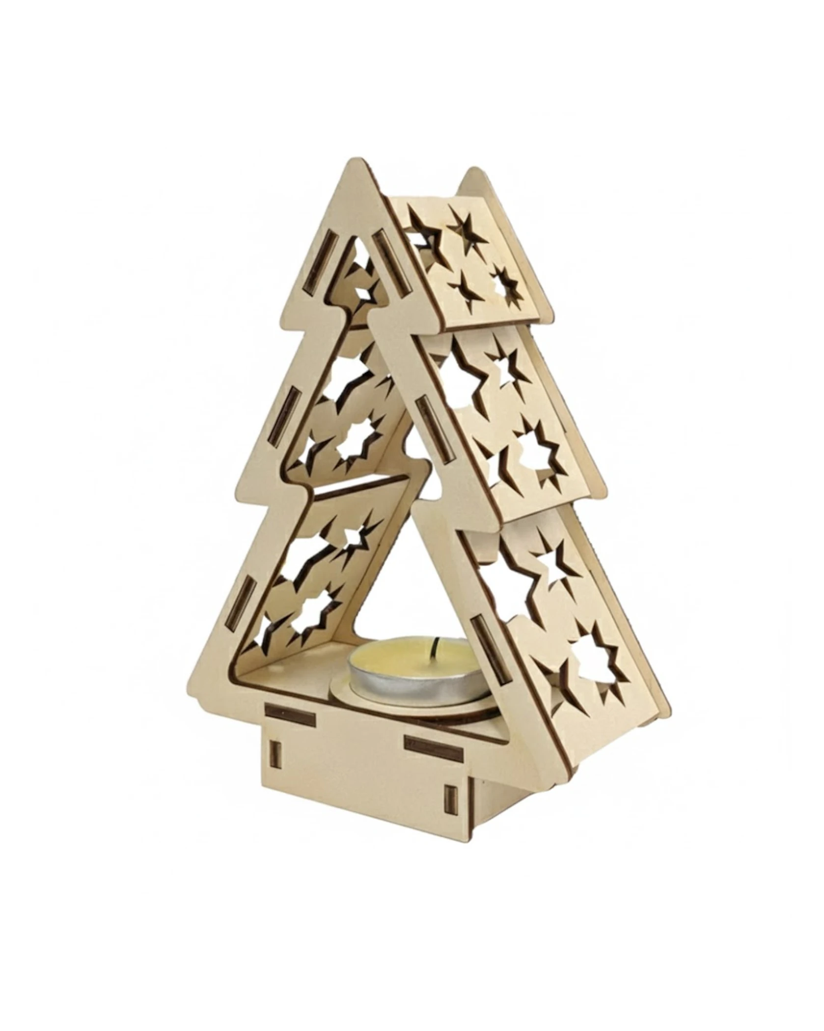 Drewniany Świecznik Świąteczny "Choinka" z Ażurowymi Gwiazdkami - grawerowanie laserowe ze sklejki | Lumoria Studio Rybnik