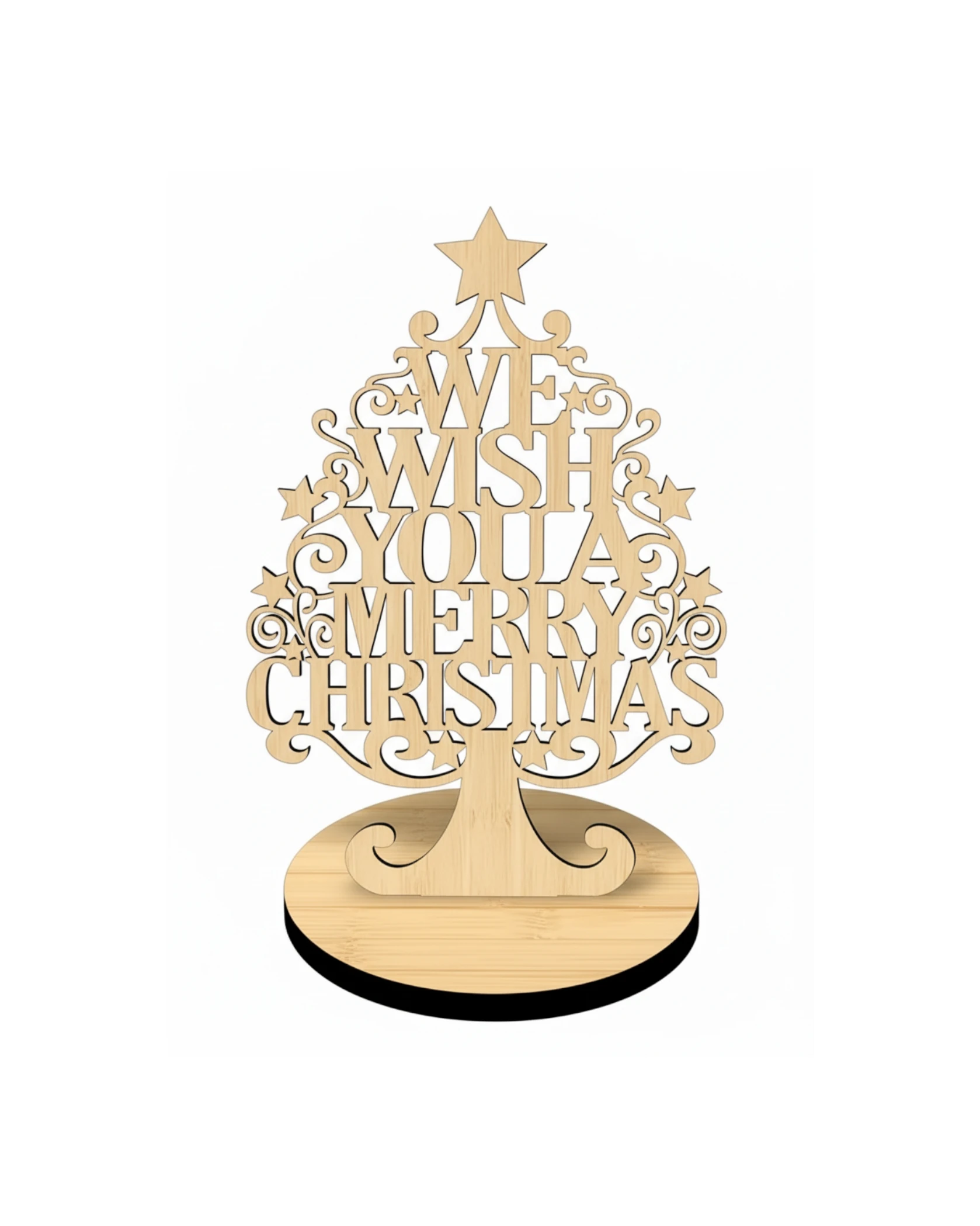 Drewniana Choinka Stojąca "We Wish You A Merry Christmas" ze Sklejki - grawerowanie laserowe ze sklejki | Lumoria Studio Rybnik