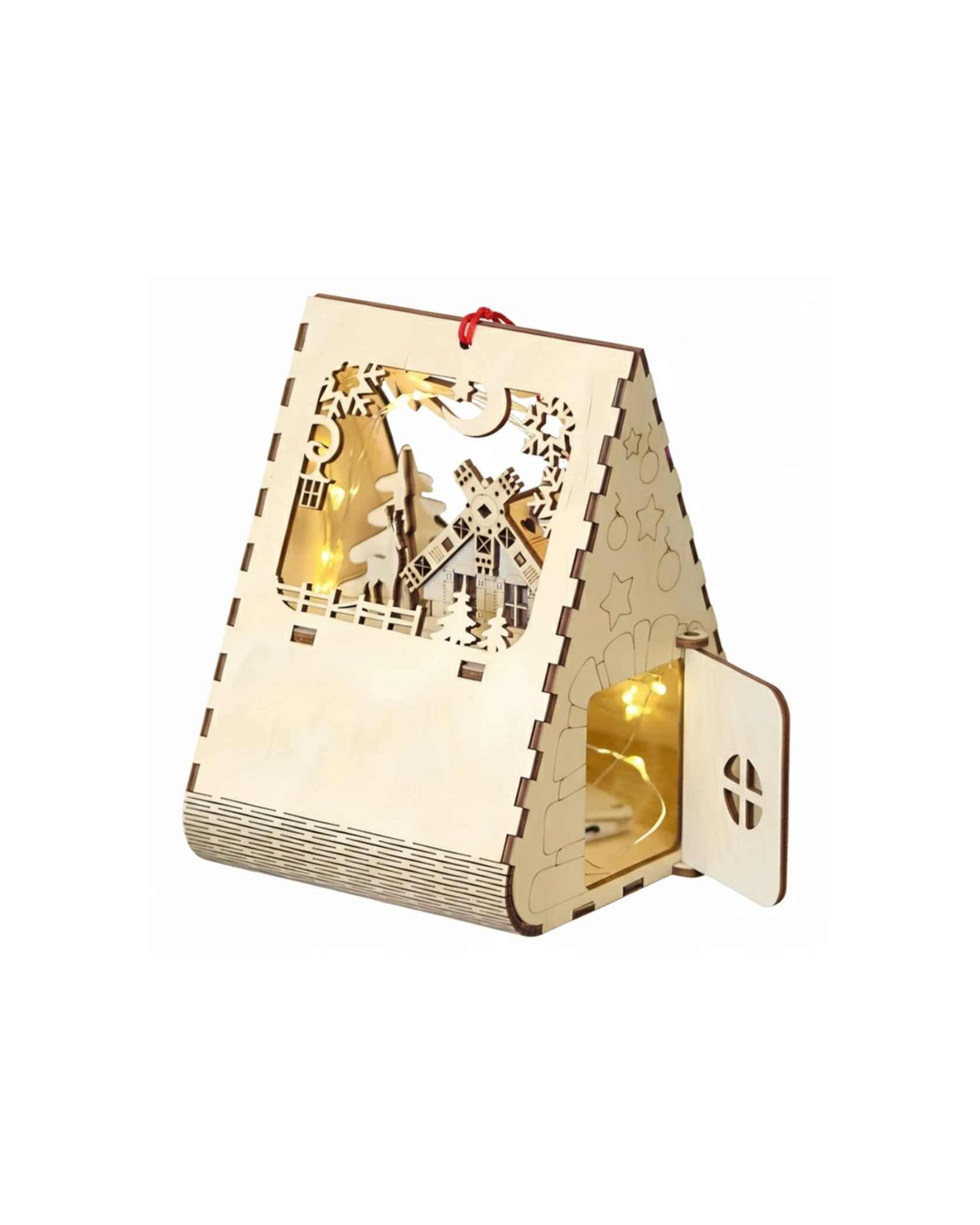 Drewniany Lampion Świąteczny LED - Zimowy Domek 3D - grawerowanie laserowe ze sklejki | Lumoria Studio Rybnik