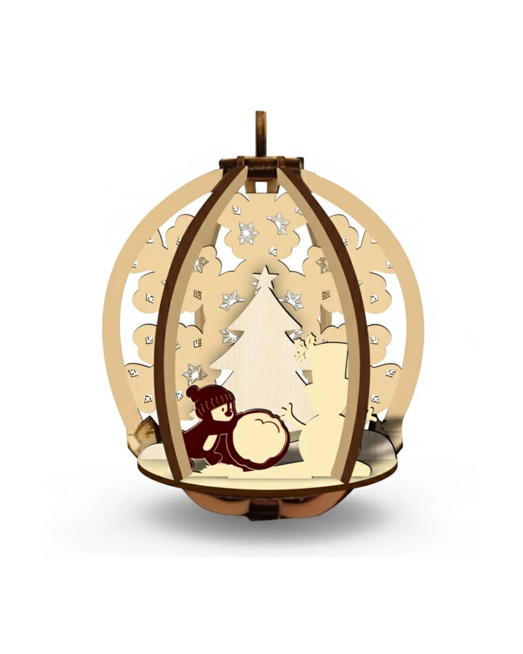 Drewniana Kula 3D z Zimową Scenką - Świąteczna Bombka Ażurowa - grawerowanie laserowe ze sklejki | Lumoria Studio Rybnik