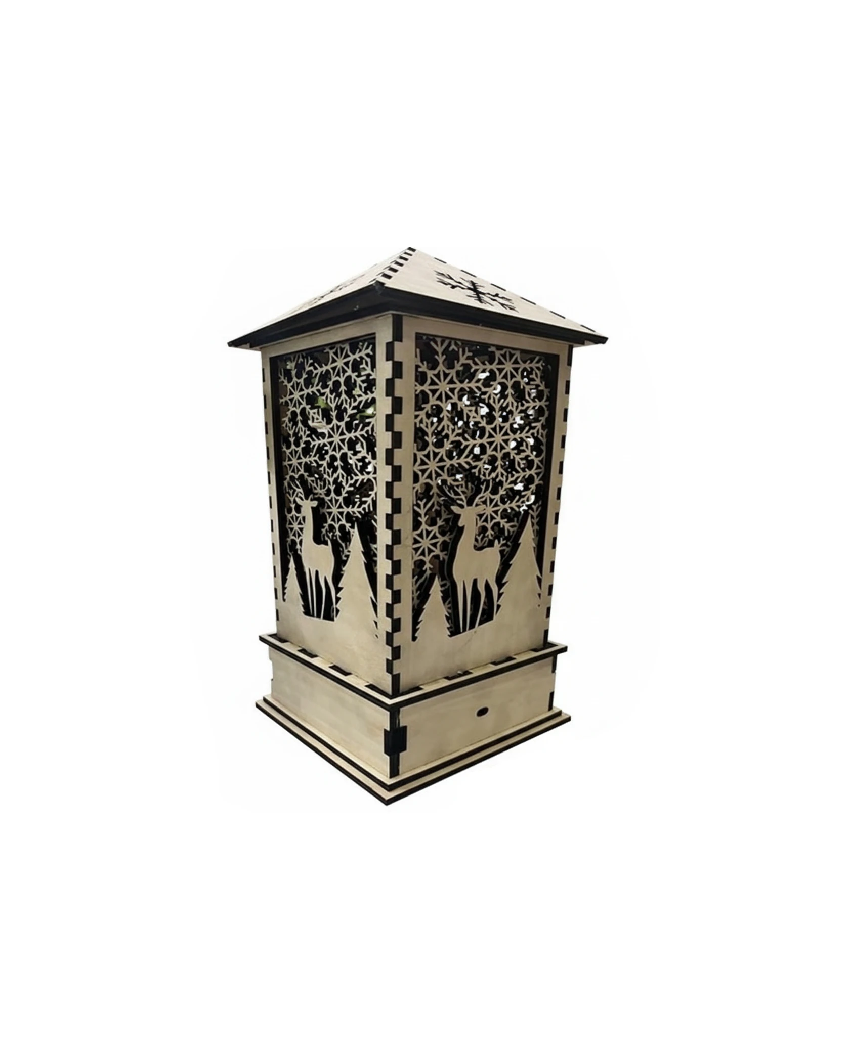 Lampion (Świecznik) z Reniferami - grawerowanie laserowe ze sklejki | Lumoria Studio Rybnik