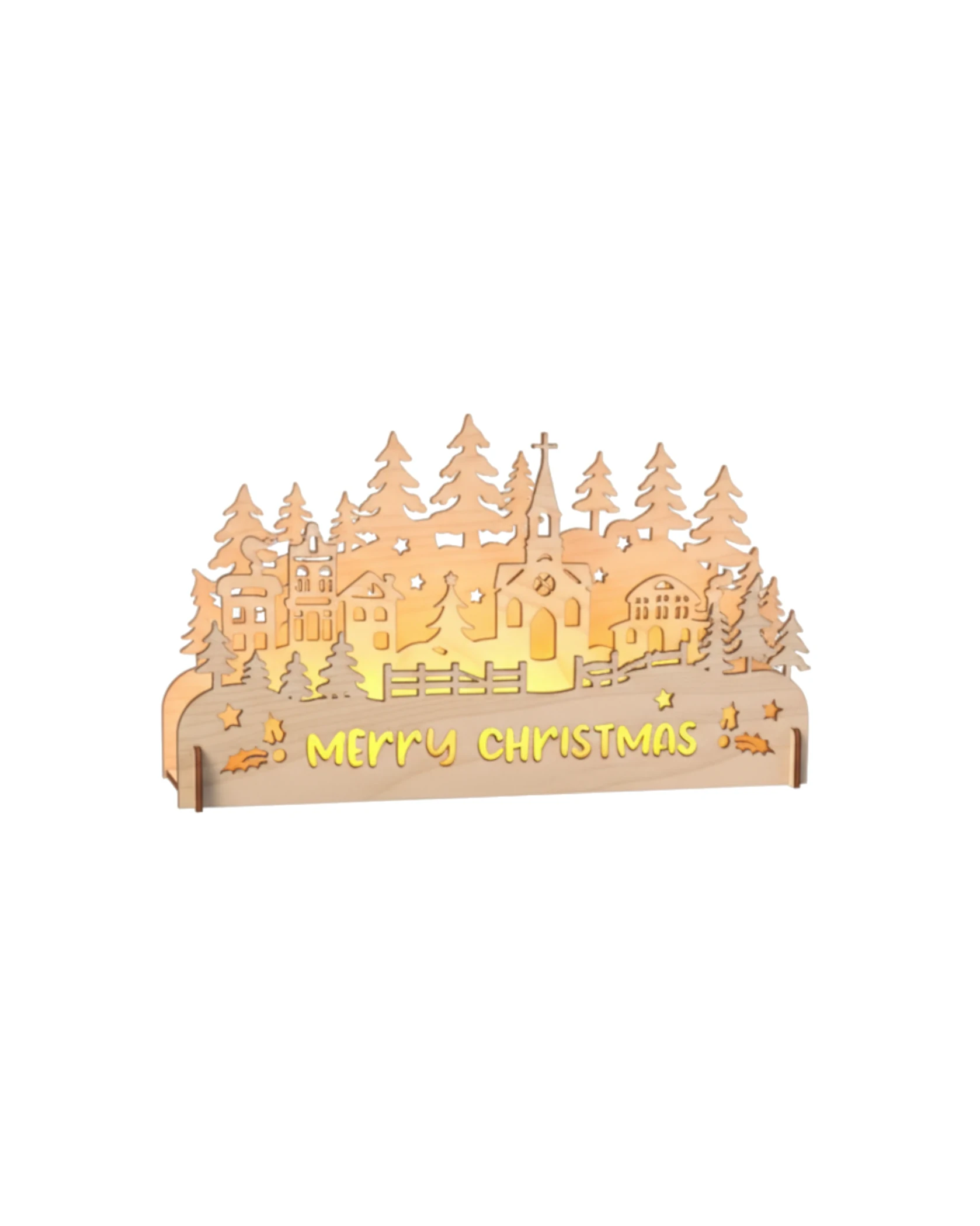 Świąteczne Miasteczko "Merry Christmas" - Drewniany Świecznik 3D Lampion - grawerowanie laserowe ze sklejki | Lumoria Studio Rybnik