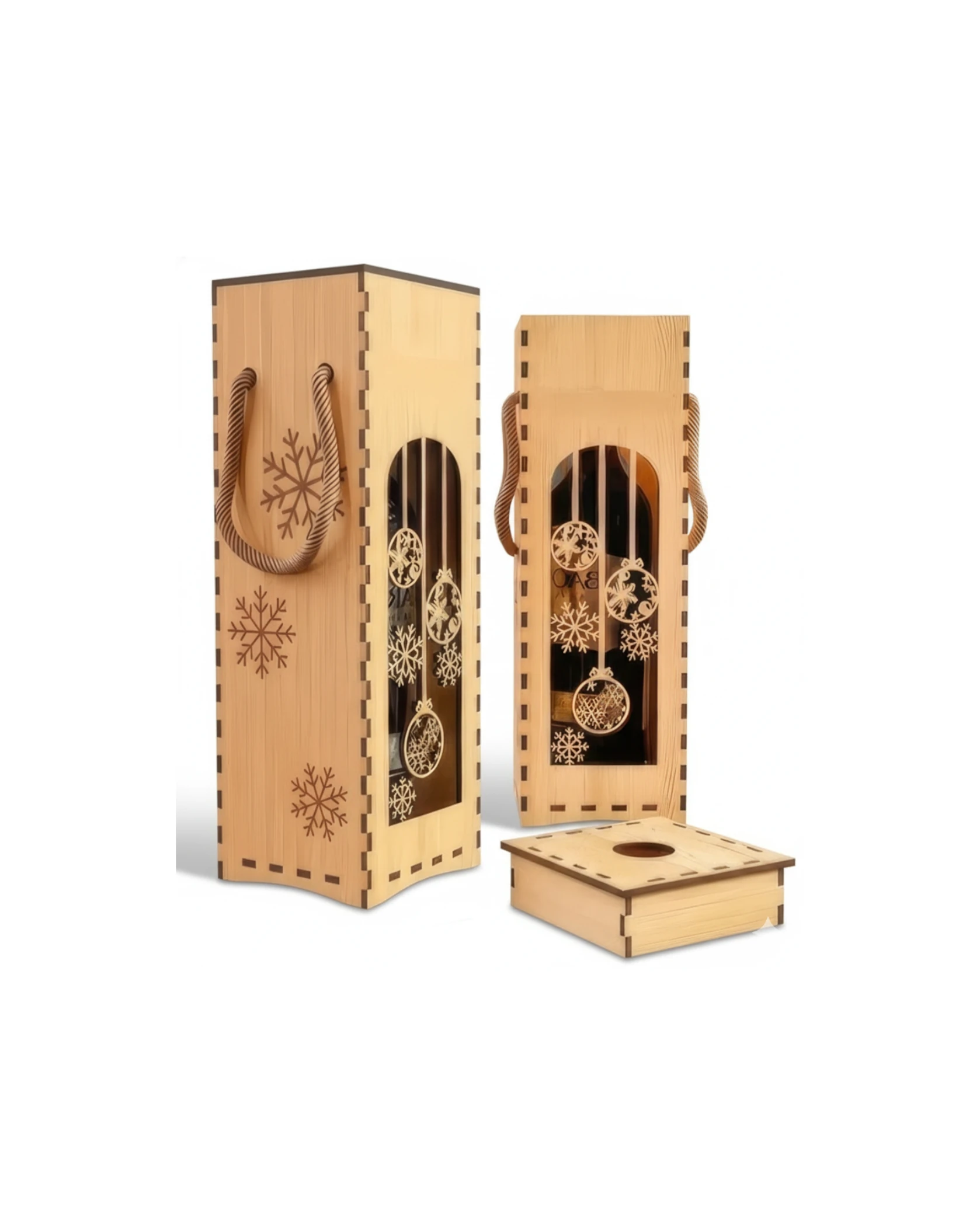Personalizowane Drewniane Pudełko na Wino - Ażurowe Bombki i Śnieżynki - grawerowanie laserowe ze sklejki | Lumoria Studio Rybnik