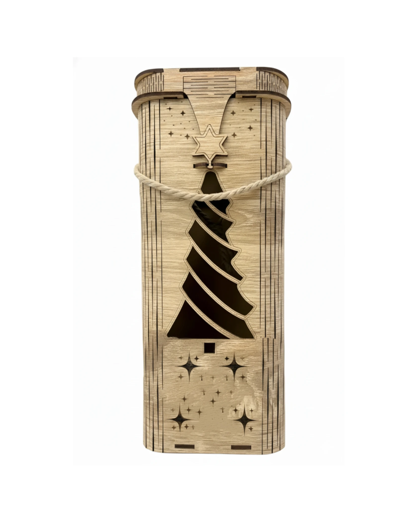 Drewniane Pudełko Świąteczne na Wino / Alkohol - Wzór Choinka - grawerowanie laserowe ze sklejki | Lumoria Studio Rybnik