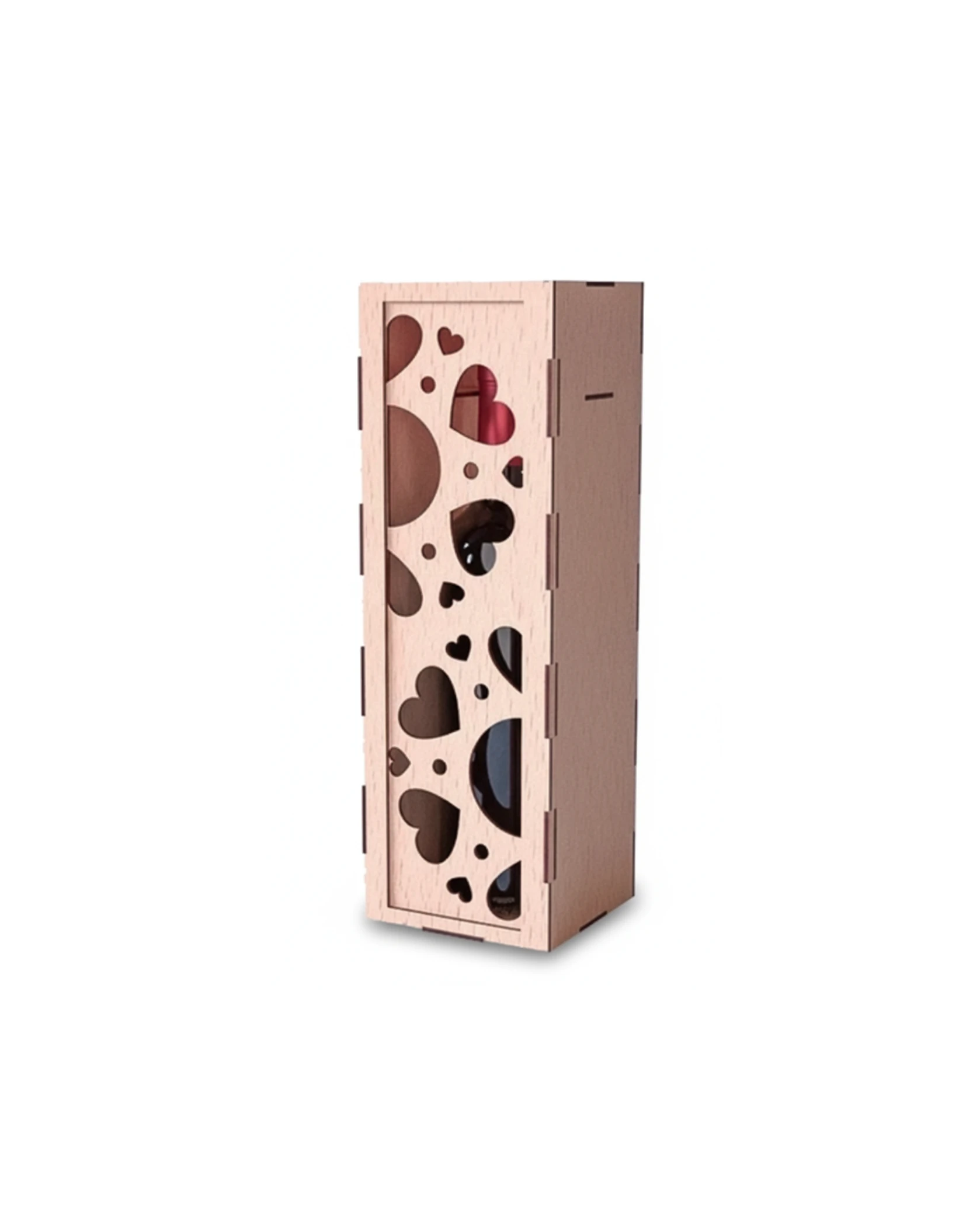 Drewniane Pudełko na Wino z Ażurowym Wzorem "Deszcz Serc" - grawerowanie laserowe ze sklejki | Lumoria Studio Rybnik