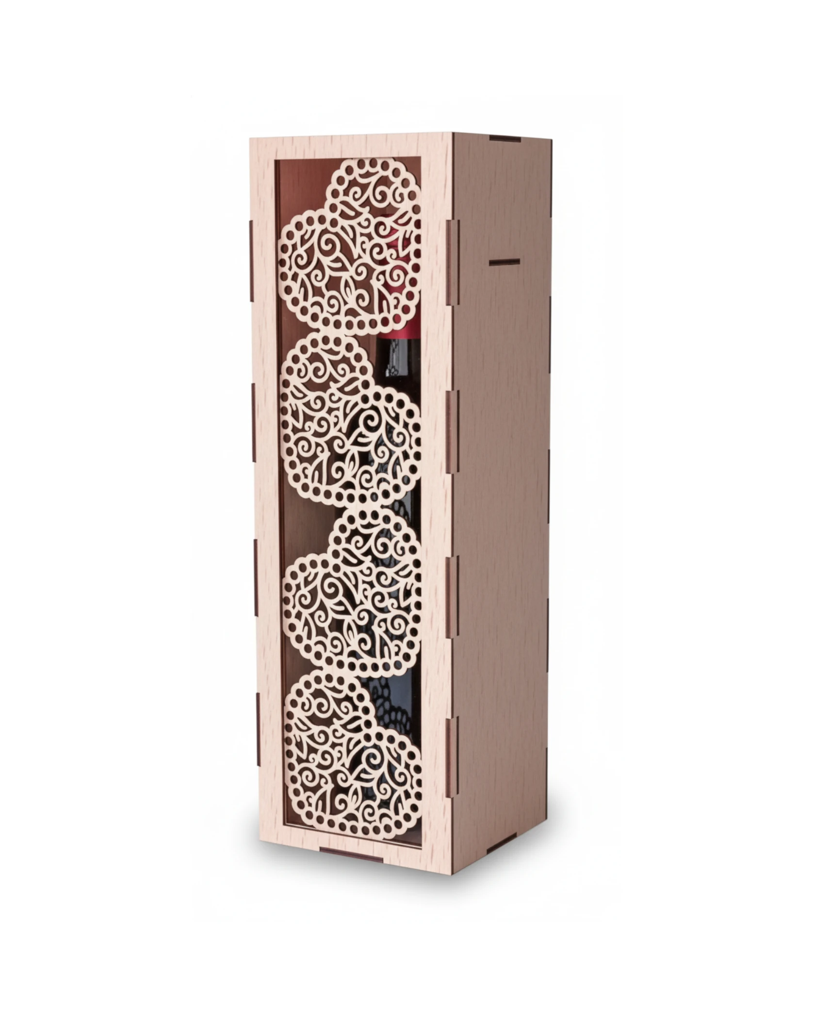 Drewniane Pudełko na Wino z Ażurowymi Sercami i Bogatym Grawerem - grawerowanie laserowe ze sklejki | Lumoria Studio Rybnik