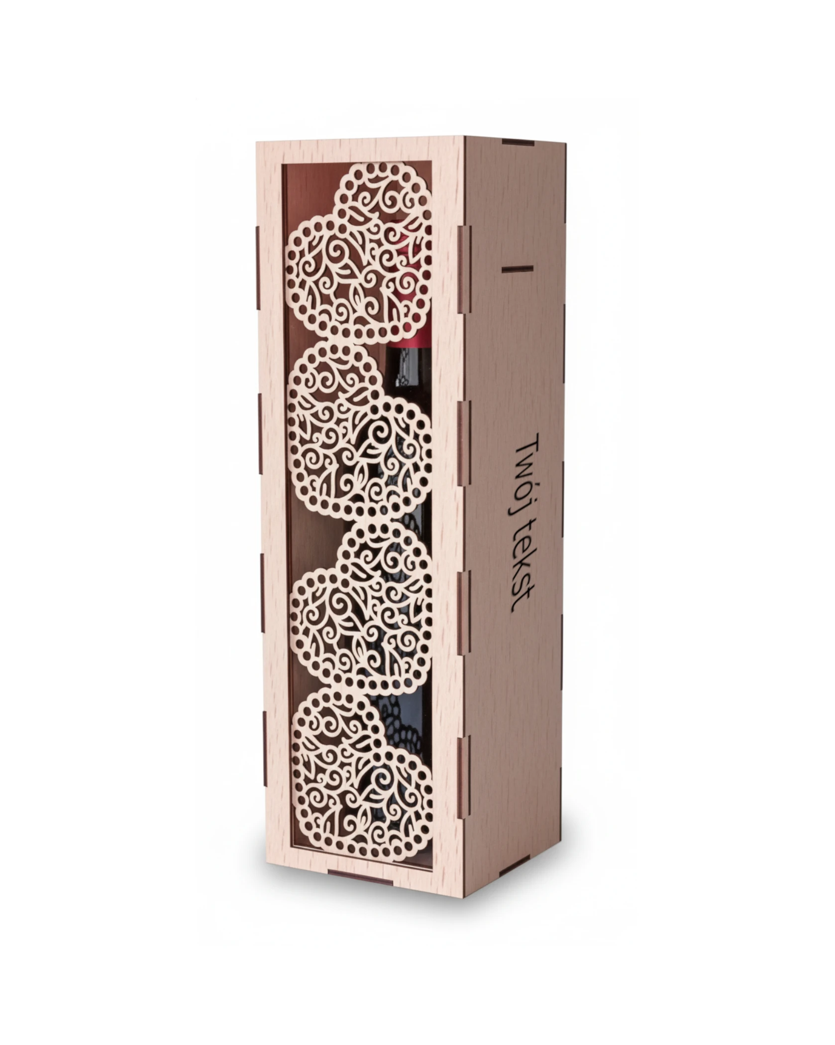 Drewniane Pudełko na Wino z Ażurowymi Sercami i Bogatym Grawerem - zdjęcie 2 - grawerowanie laserowe