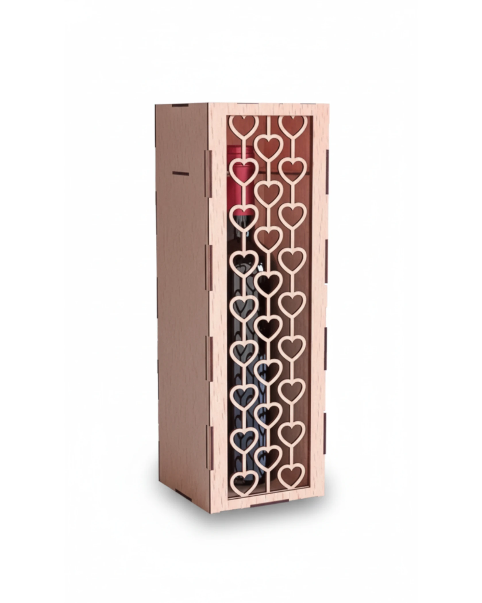 Drewniane Pudełko na Wino z Ażurowym Wzorem Serc 2 - grawerowanie laserowe ze sklejki | Lumoria Studio Rybnik