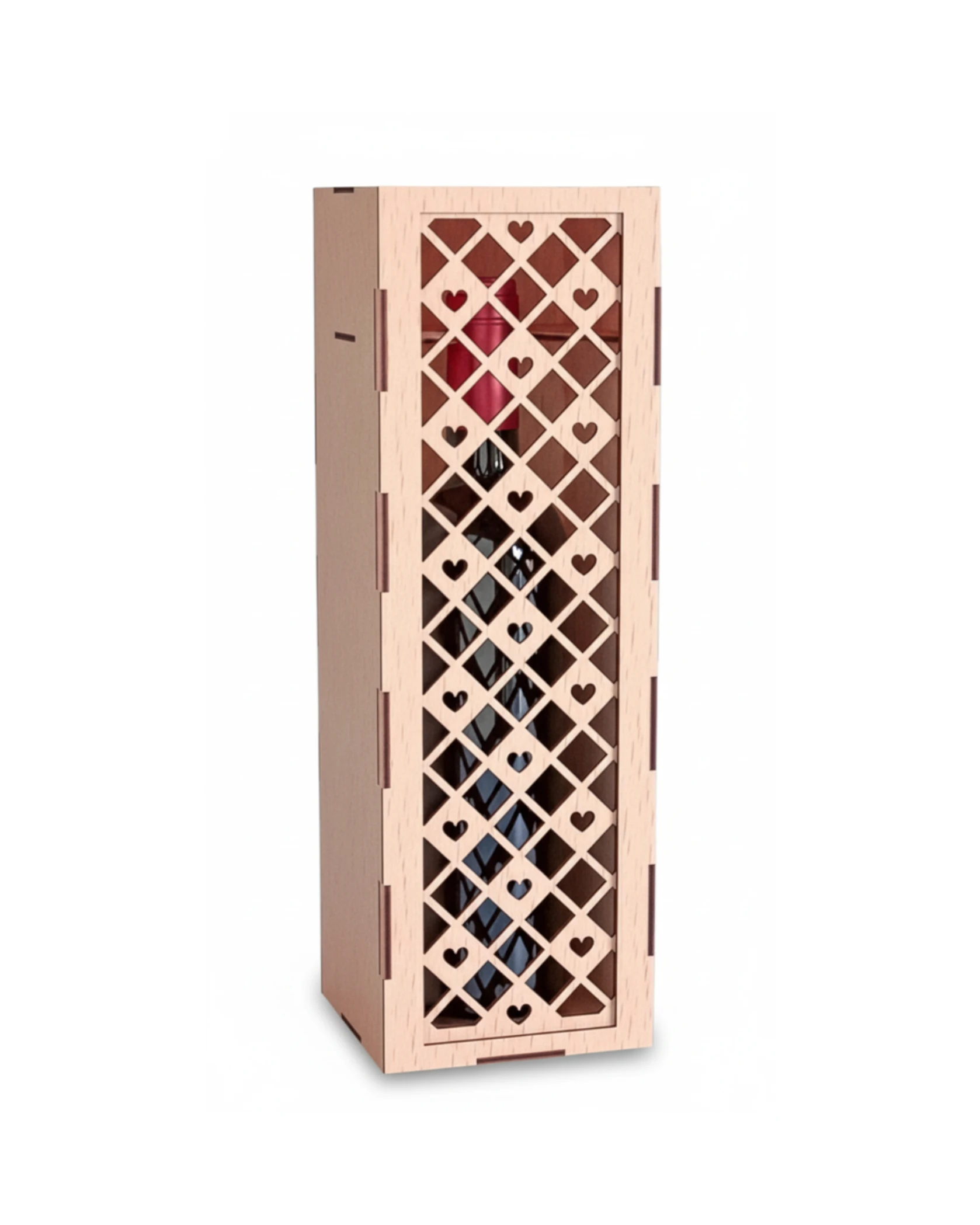 Drewniane Pudełko na Wino z Ażurową Kratką i Sercami - grawerowanie laserowe ze sklejki | Lumoria Studio Rybnik