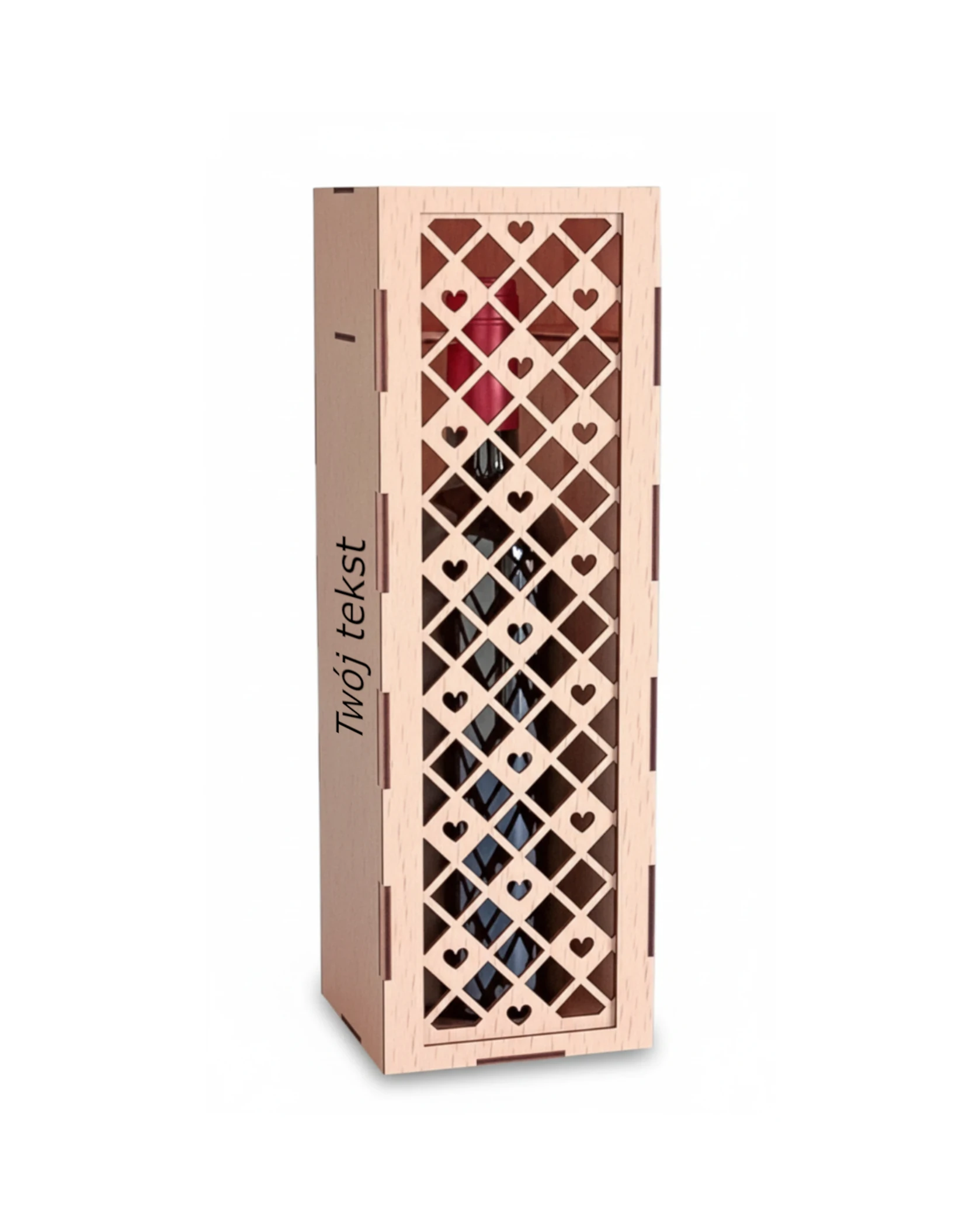 Drewniane Pudełko na Wino z Ażurową Kratką i Sercami - zdjęcie 2 - grawerowanie laserowe