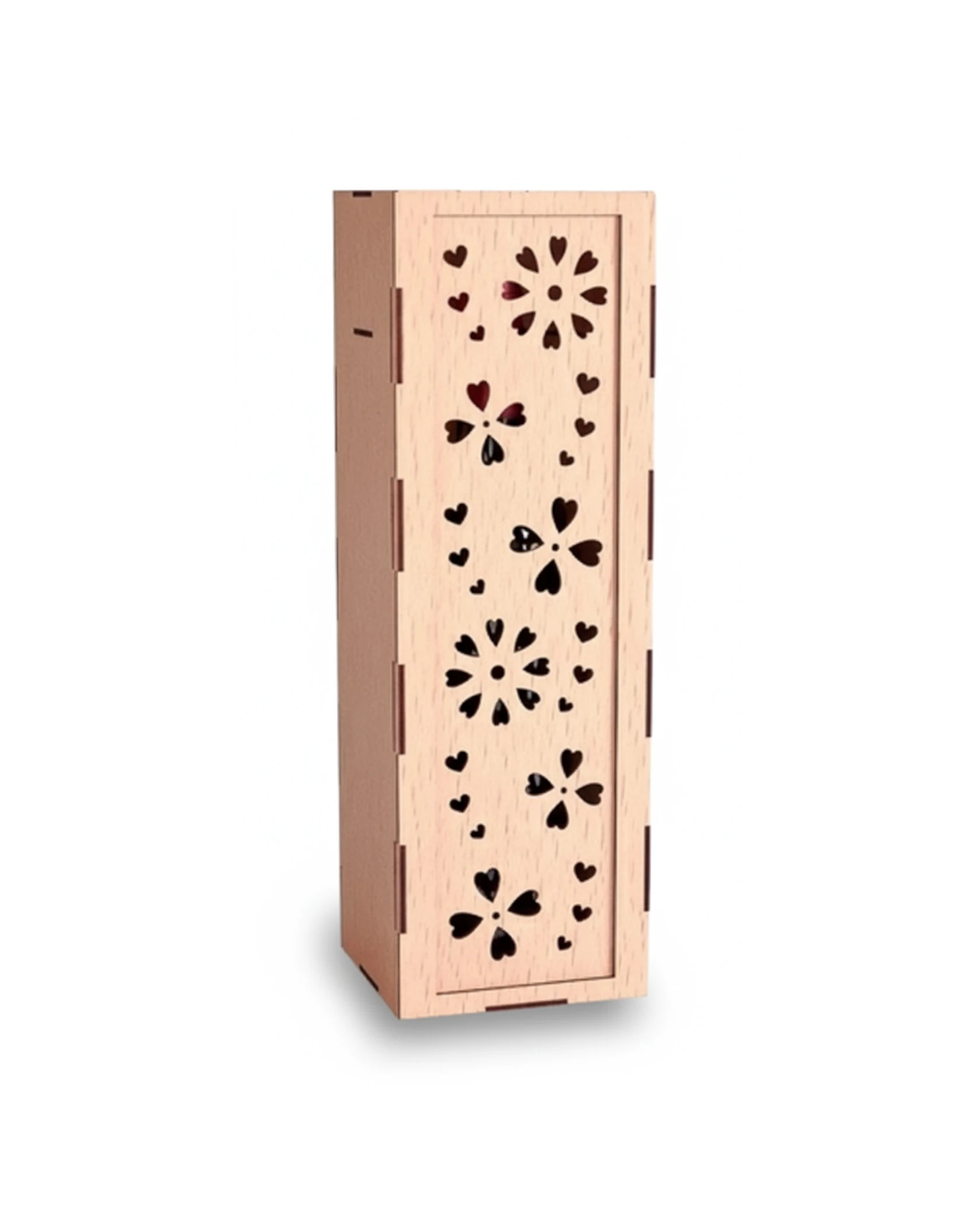 Drewniane Pudełko na Wino z Kwiatami i Sercami - grawerowanie laserowe ze sklejki | Lumoria Studio Rybnik