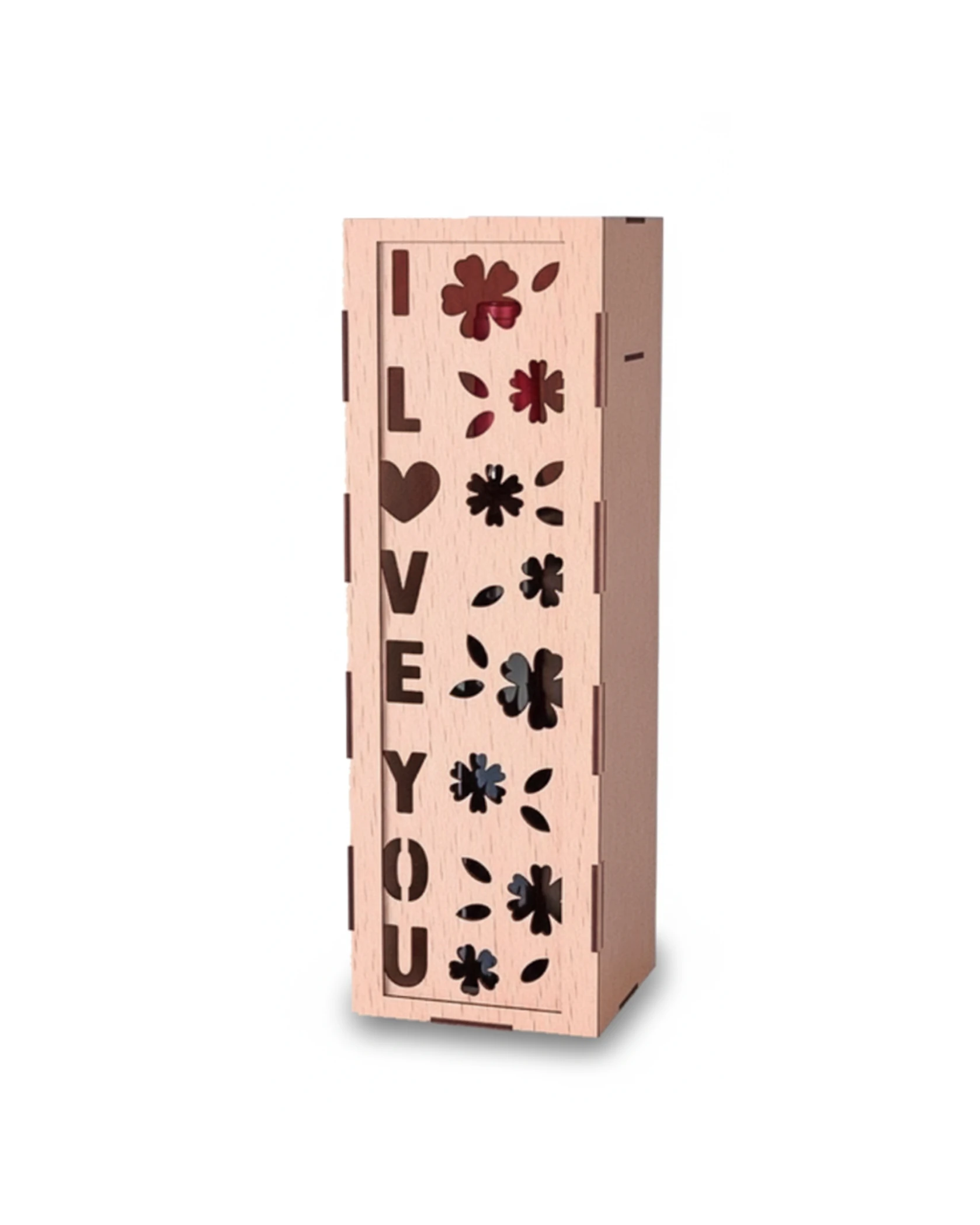 Drewniane Pudełko na Wino "I Love You" z Motywem Kwiatowym - grawerowanie laserowe ze sklejki | Lumoria Studio Rybnik