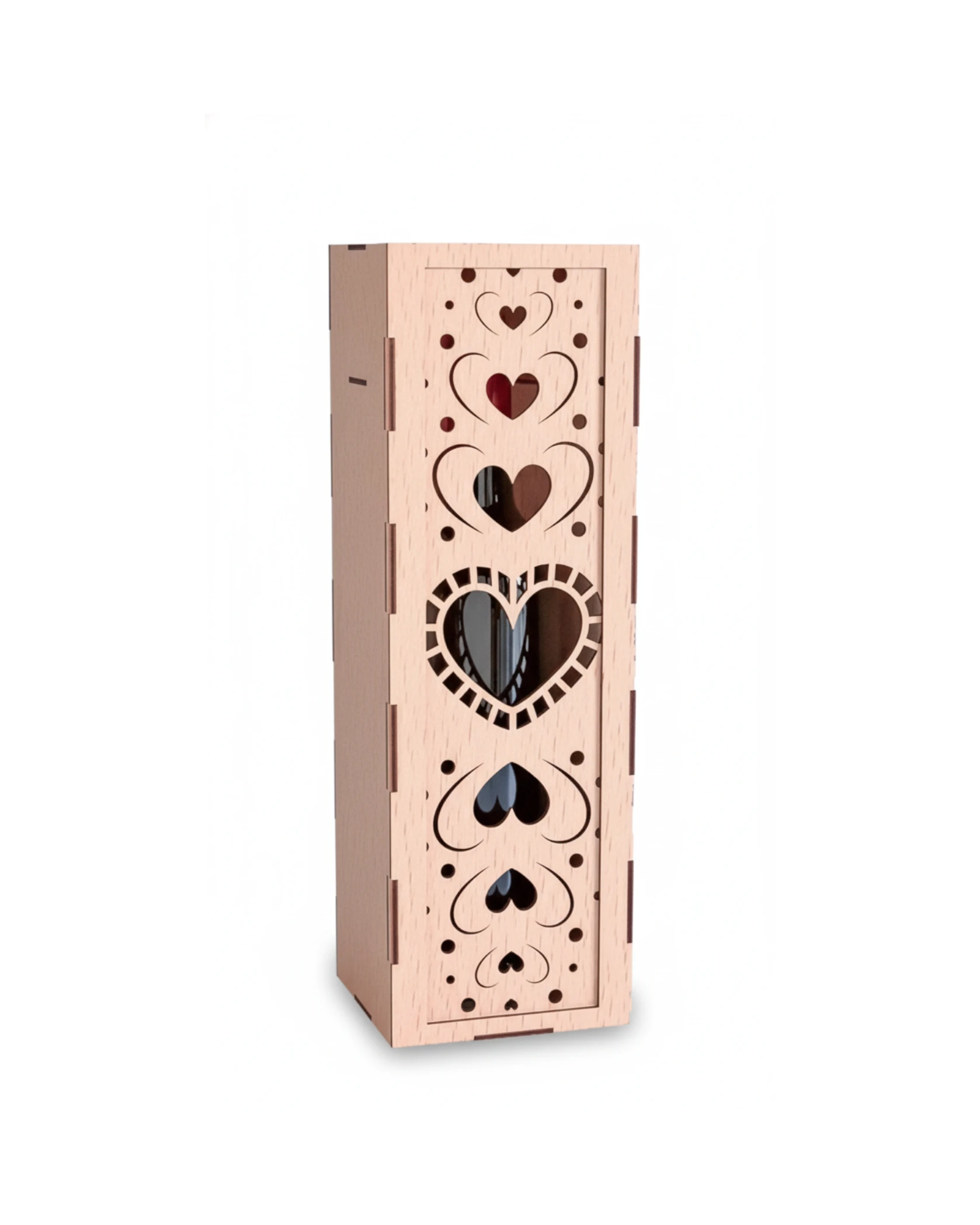Drewniane Pudełko na Wino z Ażurowym Wzorem Serc - grawerowanie laserowe ze sklejki | Lumoria Studio Rybnik