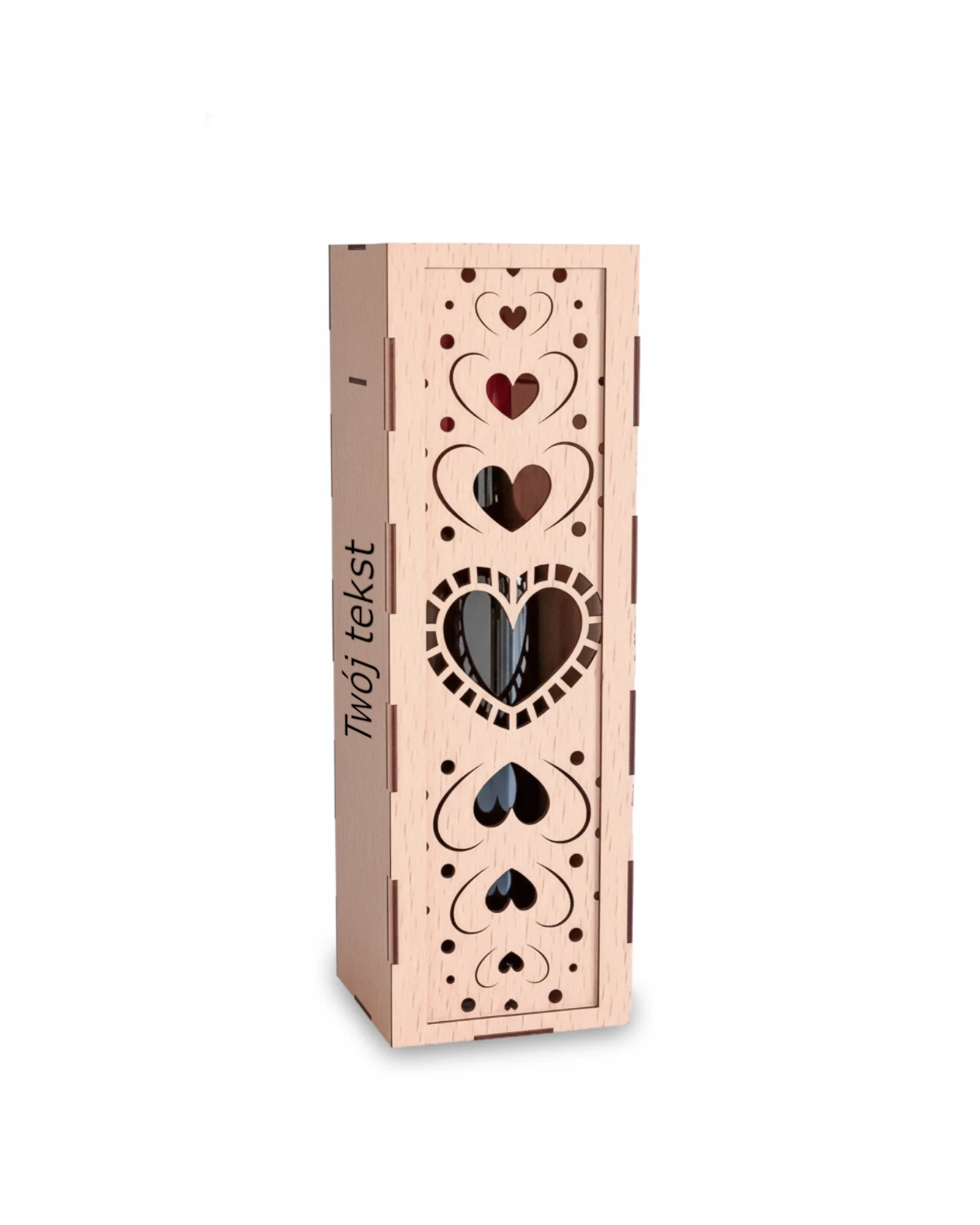 Drewniane Pudełko na Wino z Ażurowym Wzorem Serc - zdjęcie 2 - grawerowanie laserowe