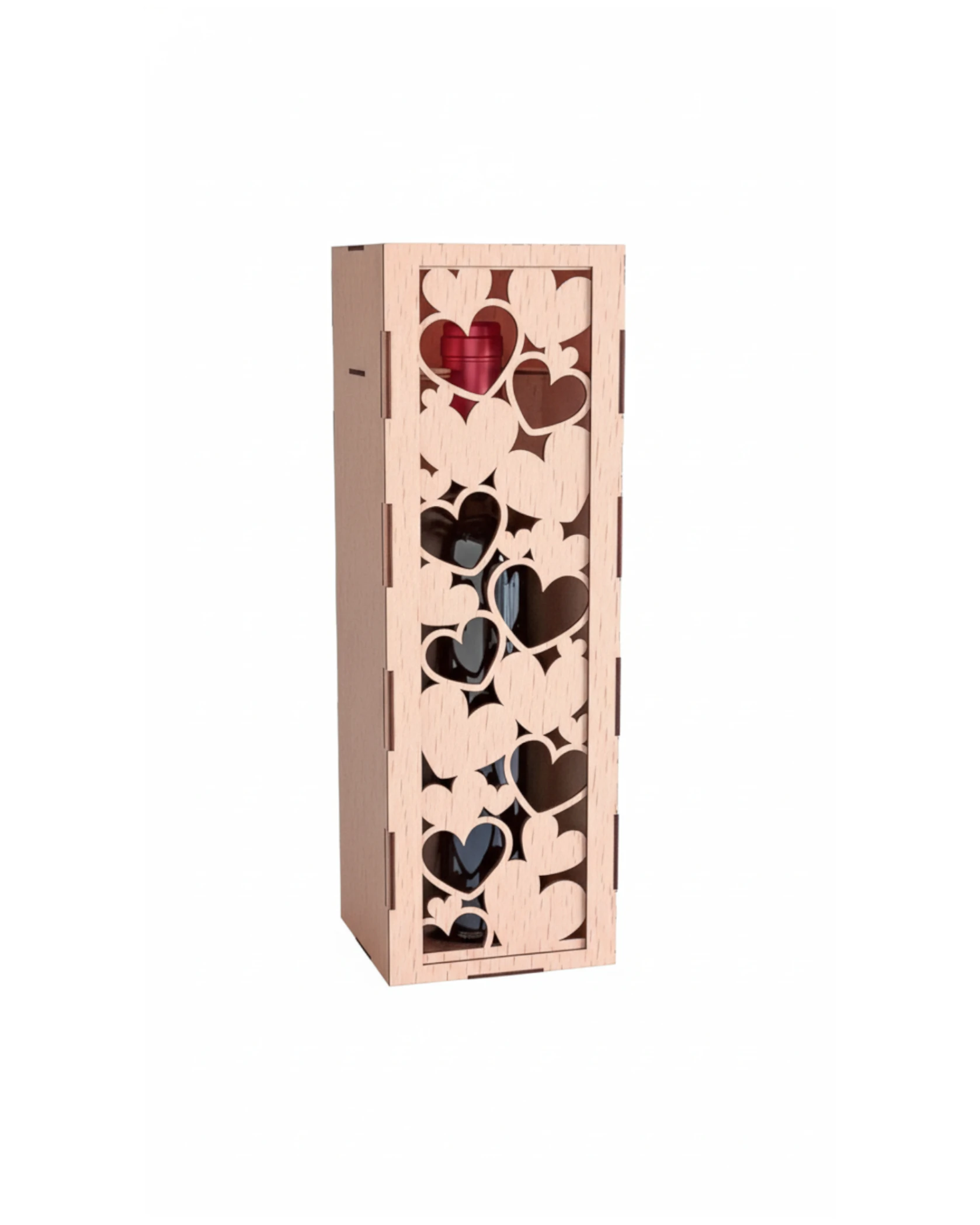 Personalizowane Drewniane Pudełko na Wino - Ażurowe Serca 2 - grawerowanie laserowe ze sklejki | Lumoria Studio Rybnik