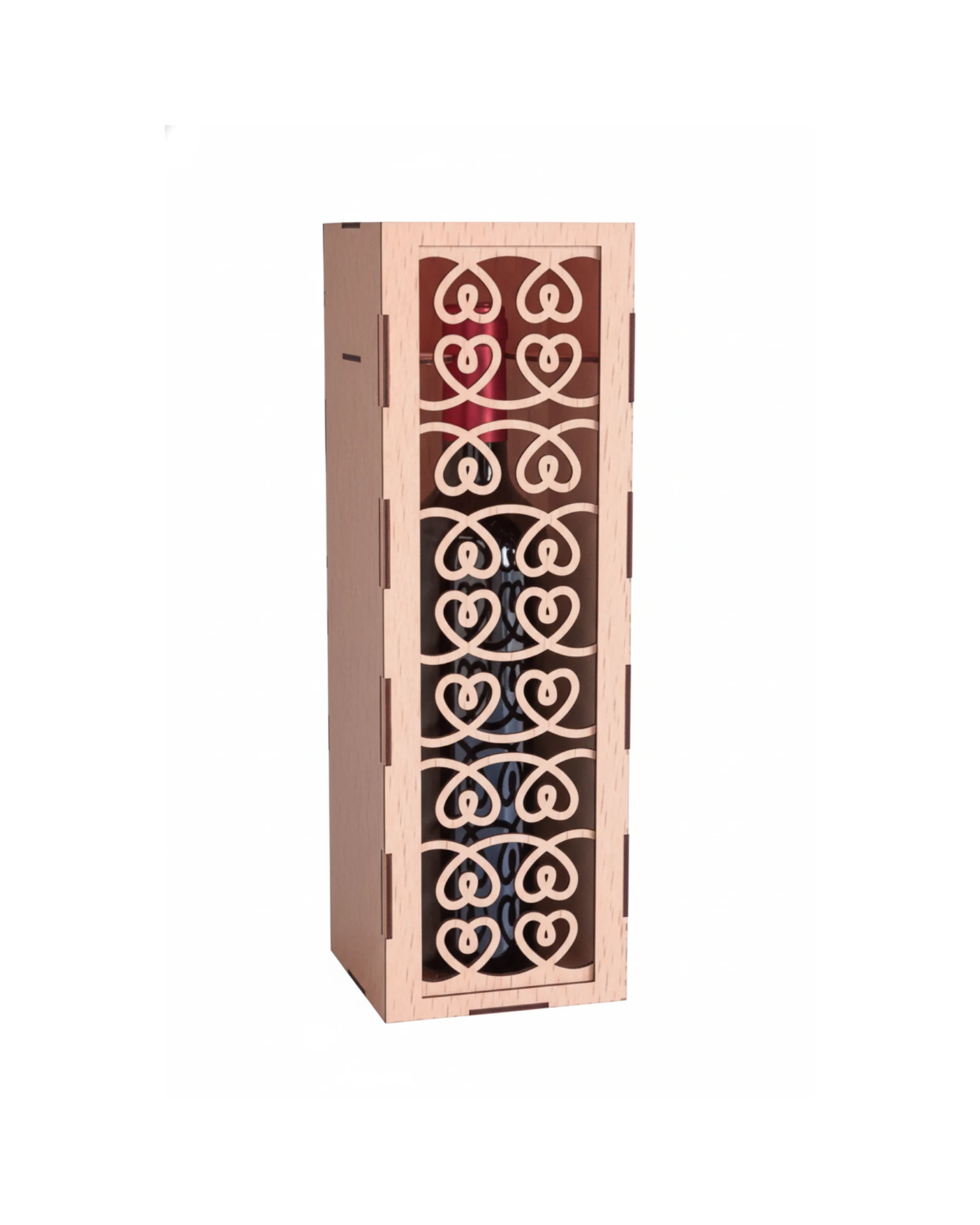 Personalizowane Drewniane Pudełko na Wino - Ażurowe Serca - grawerowanie laserowe ze sklejki | Lumoria Studio Rybnik