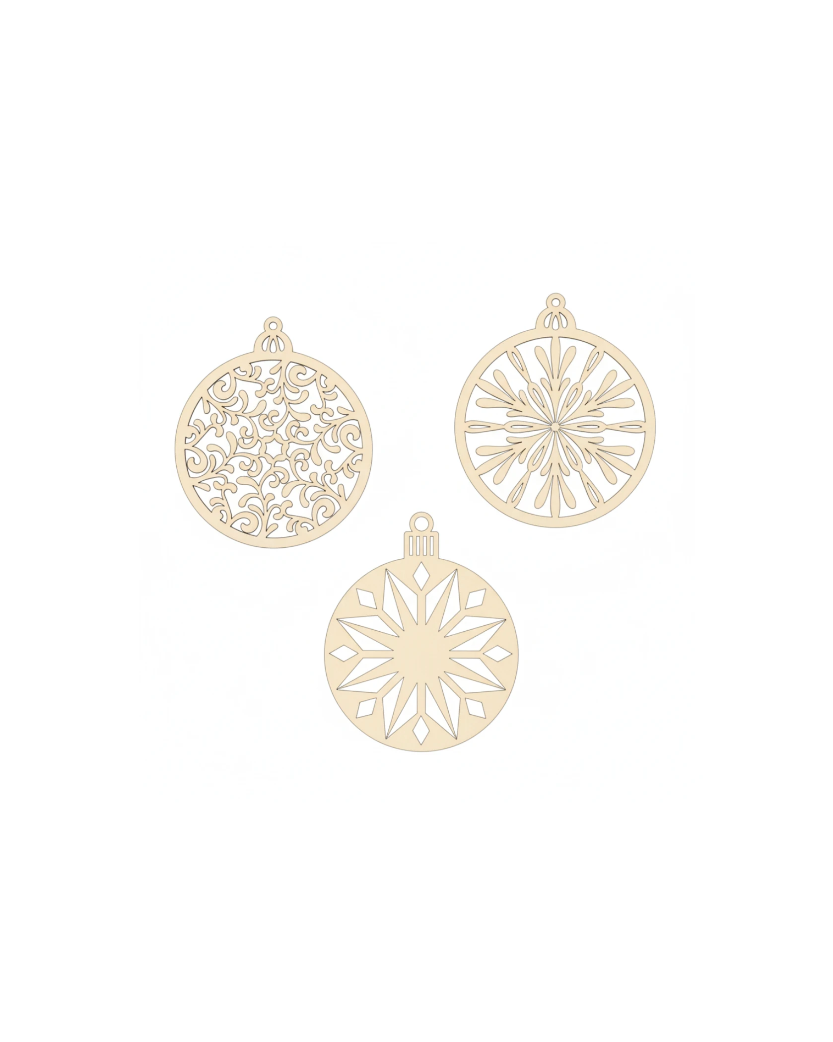 Zestaw Ażurowych Bombek Choinkowych ze Sklejki – Nowoczesne Ozdoby Świąteczne - grawerowanie laserowe ze sklejki | Lumoria Studio Rybnik