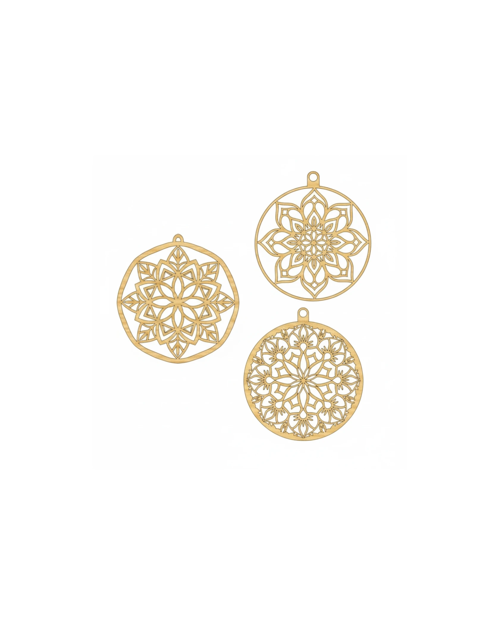 Ażurowe Bombki Choinkowe z Mandalami ze Sklejki (Zestaw 3 sztuk) - grawerowanie laserowe ze sklejki | Lumoria Studio Rybnik