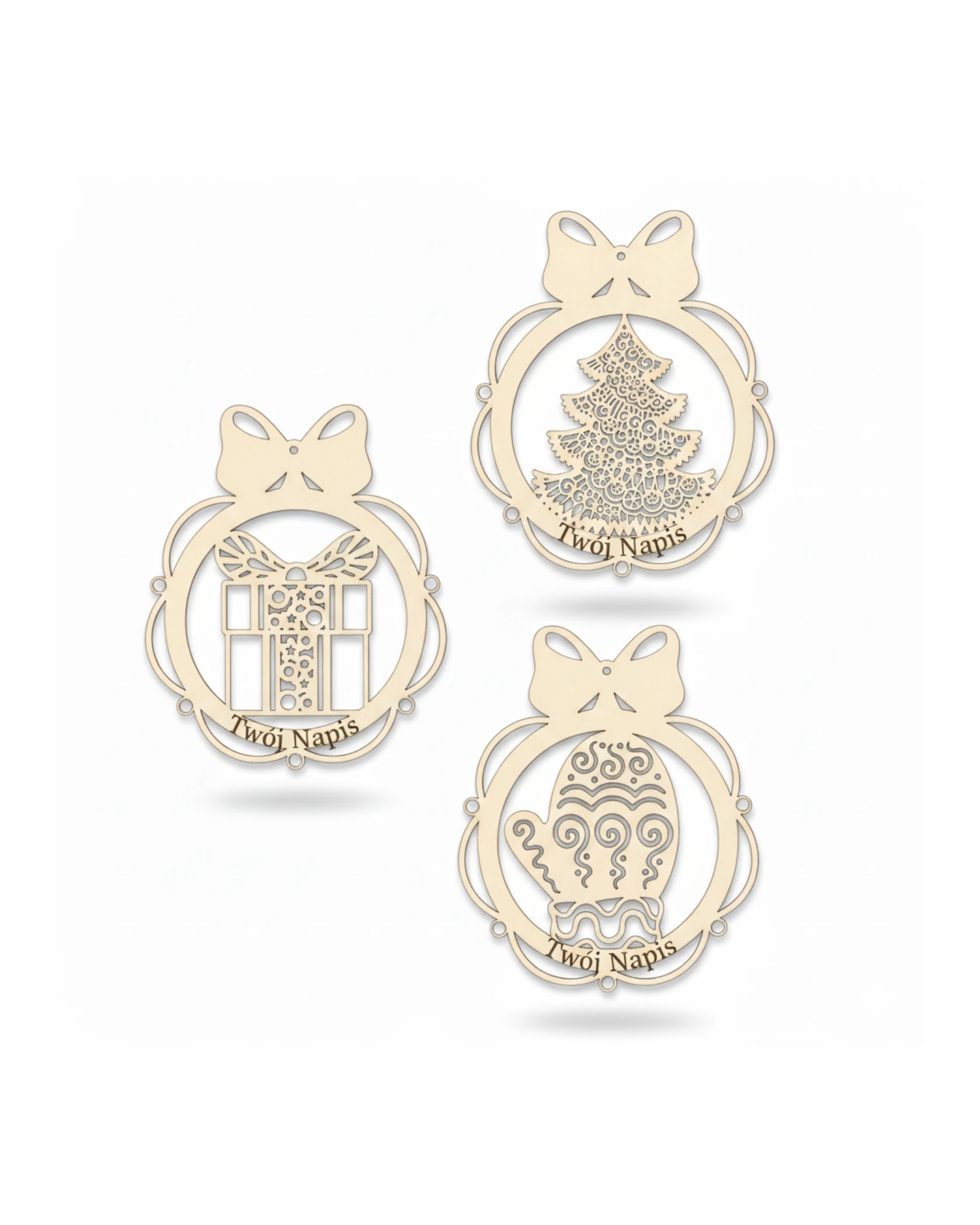 Personalizowane Bombki Drewniane z Twoim Napisem – Zestaw Ozdób Choinkowych - grawerowanie laserowe ze sklejki | Lumoria Studio Rybnik