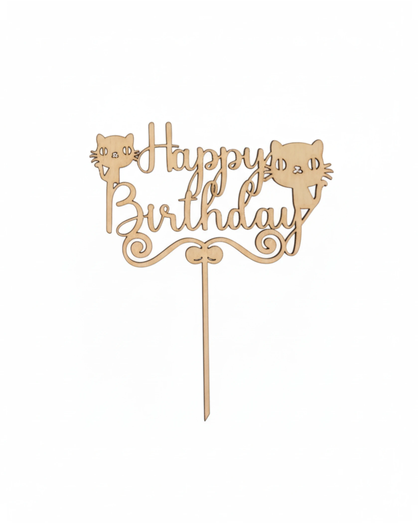 Drewniany Topper "Happy Birthday" z Kotkami - grawerowanie laserowe ze sklejki | Lumoria Studio Rybnik