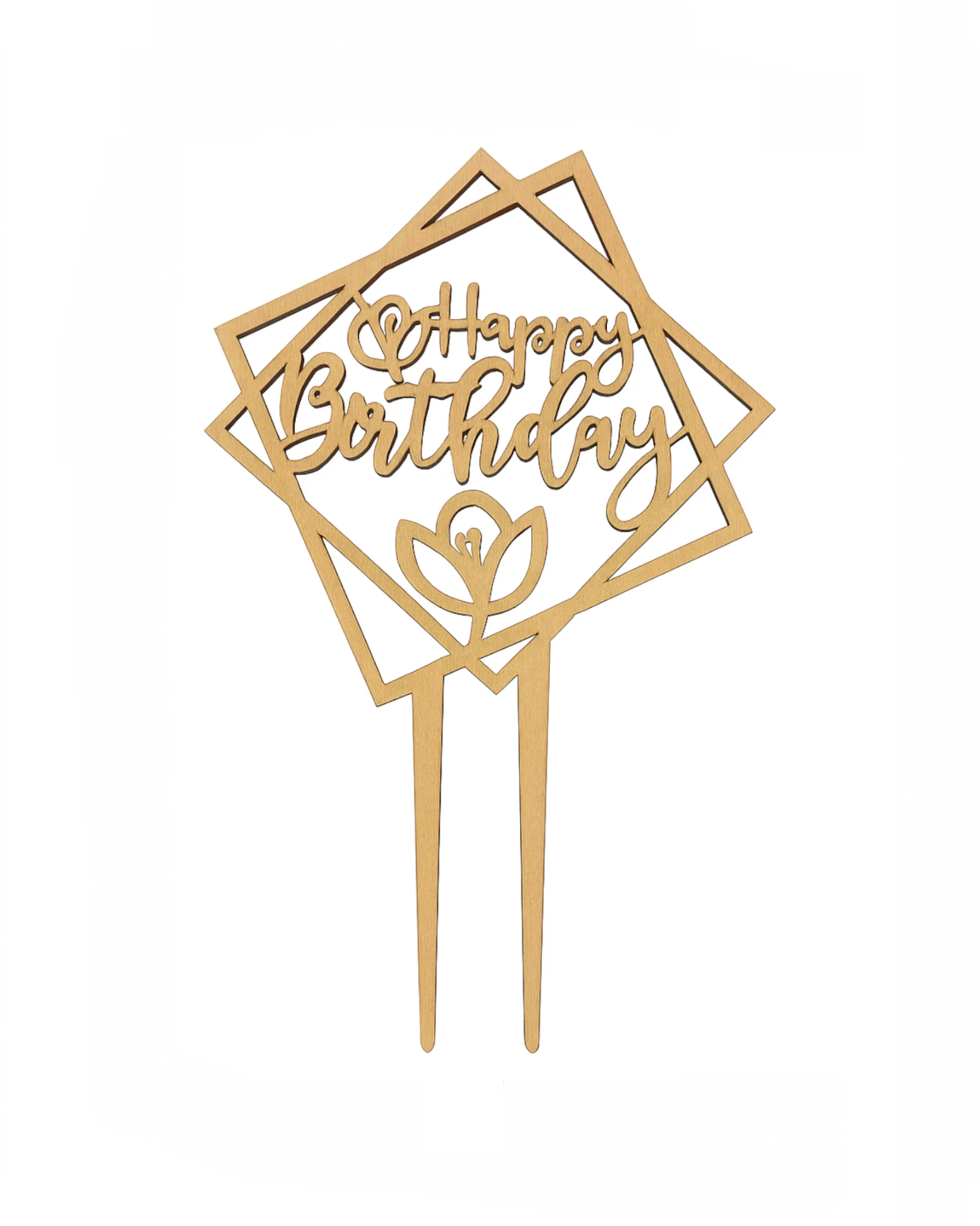 Topper "Happy Birthday" z Kwiatkiem - grawerowanie laserowe ze sklejki | Lumoria Studio Rybnik
