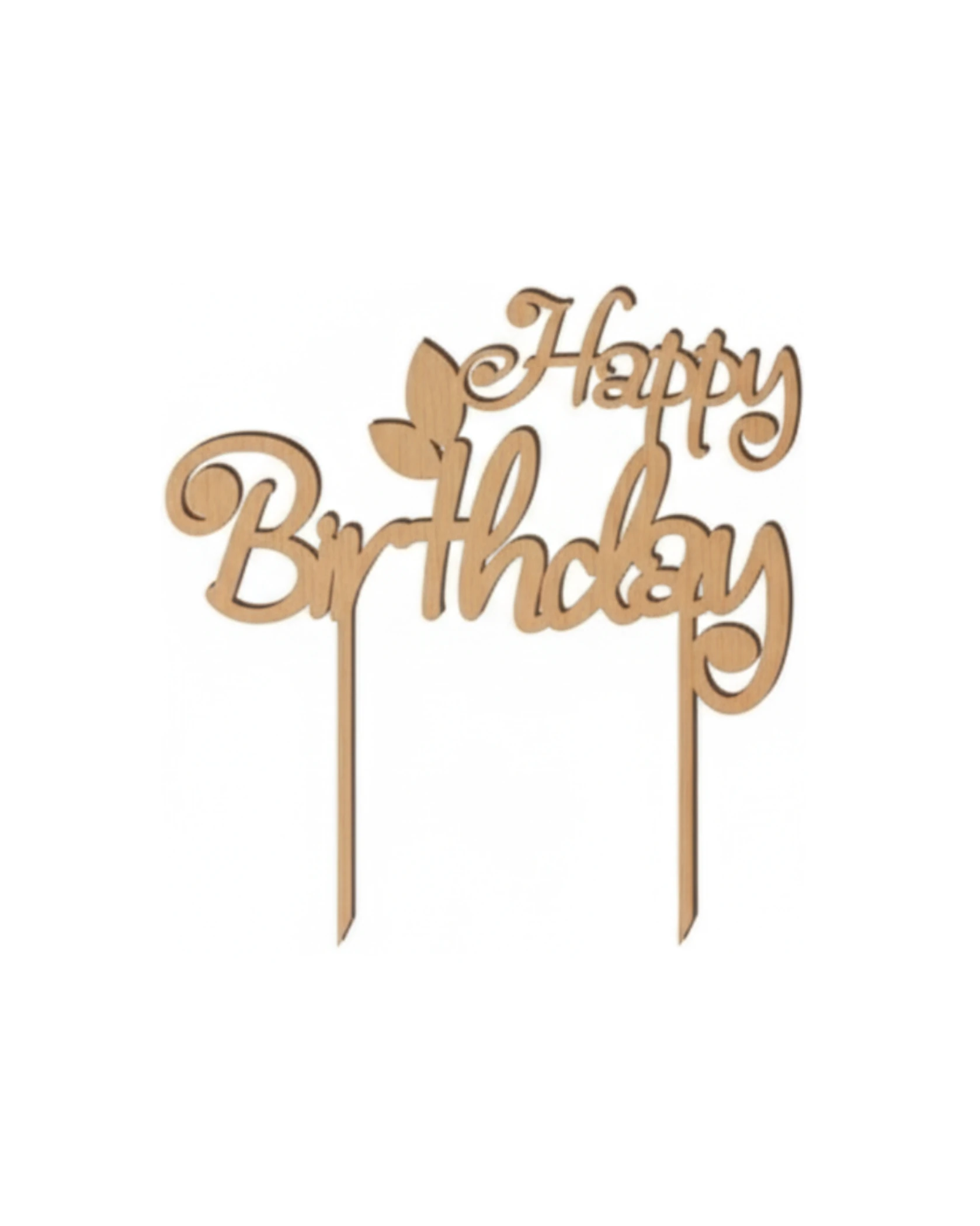 Topper "Happy Birthday" z Dwoma Listkami - grawerowanie laserowe ze sklejki | Lumoria Studio Rybnik