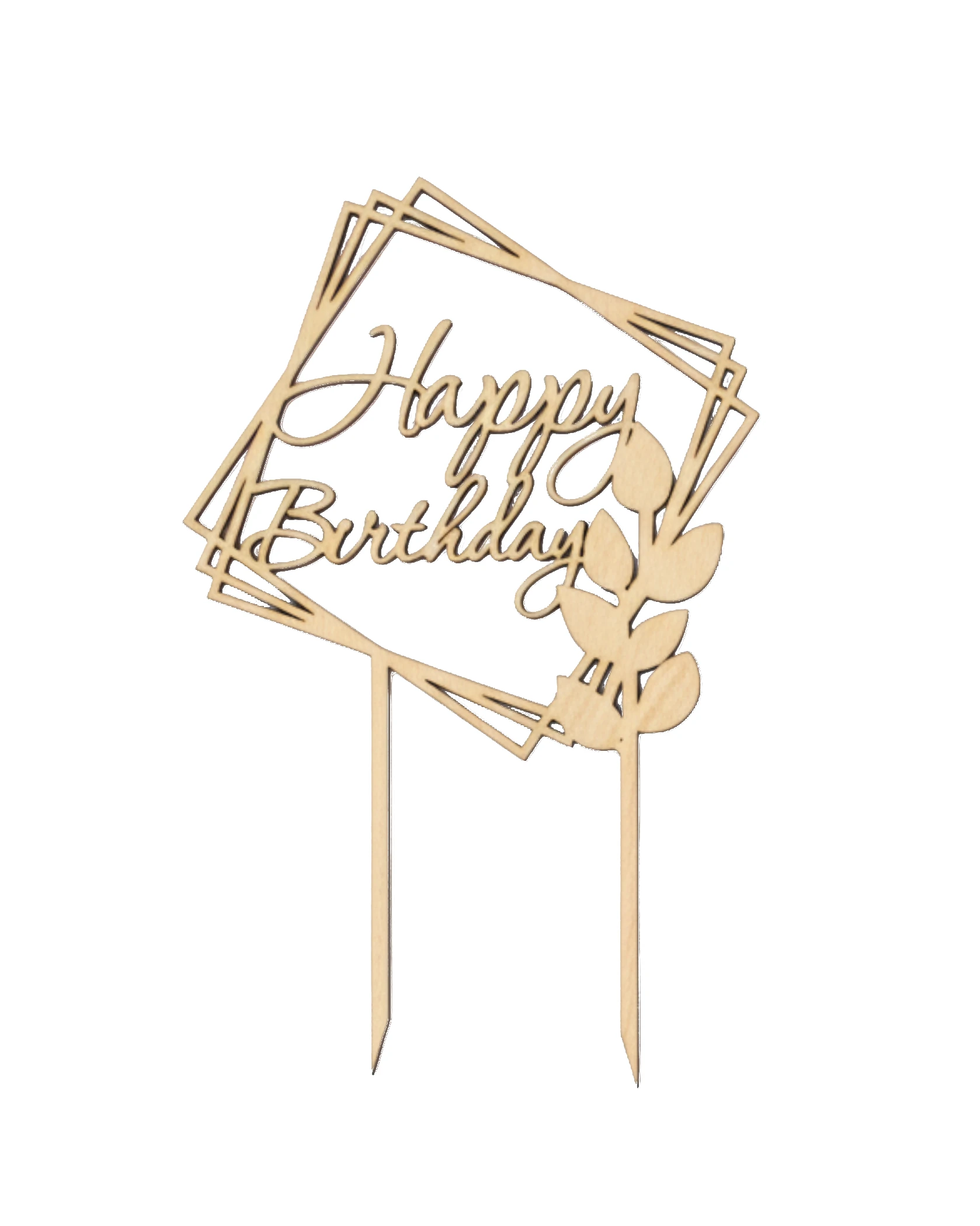 Topper "Happy Birthday" w Kwadracie z Gałązką - grawerowanie laserowe ze sklejki | Lumoria Studio Rybnik