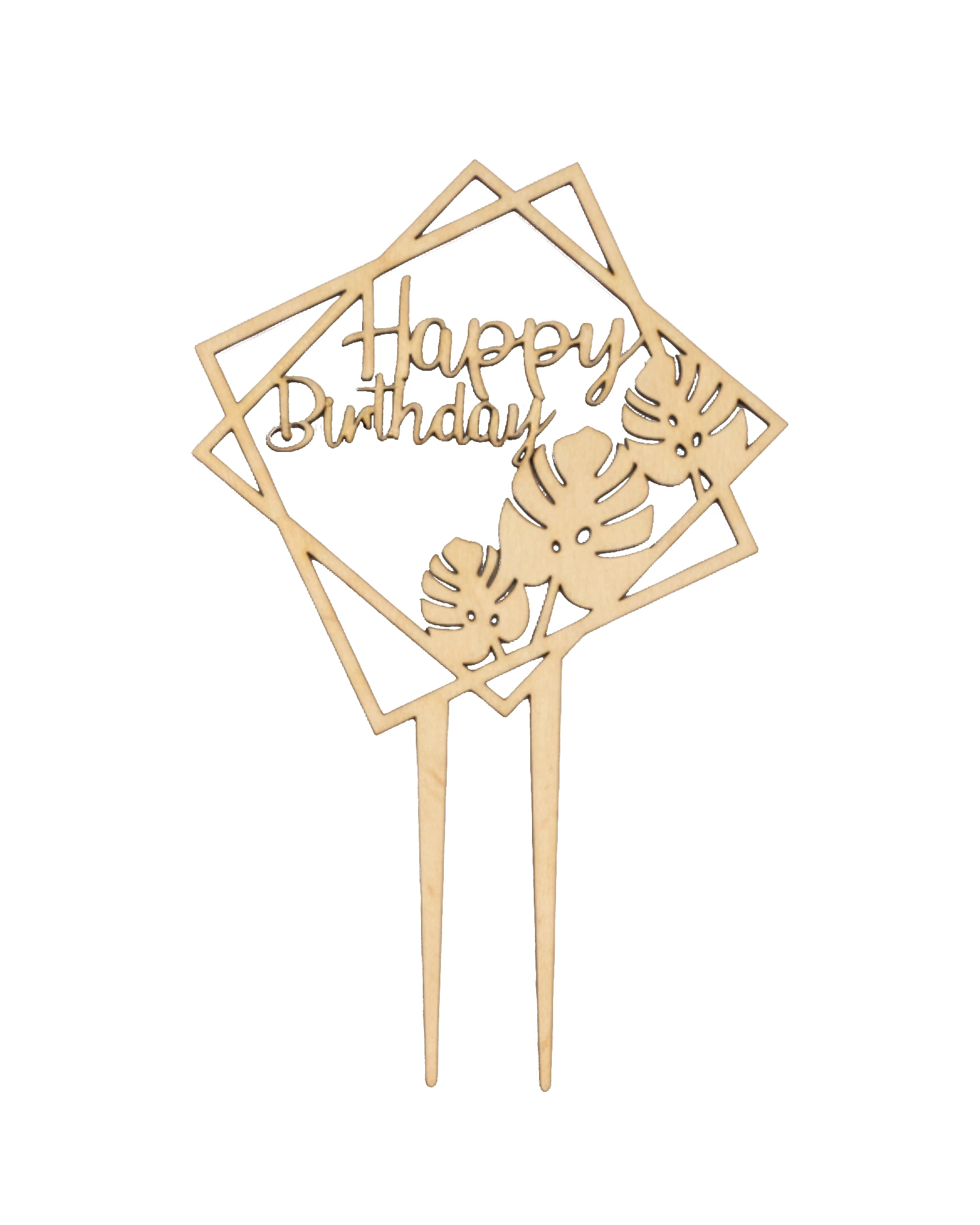 Topper "Happy Birthday" – Kwadrat i Liście Monstery - grawerowanie laserowe ze sklejki | Lumoria Studio Rybnik