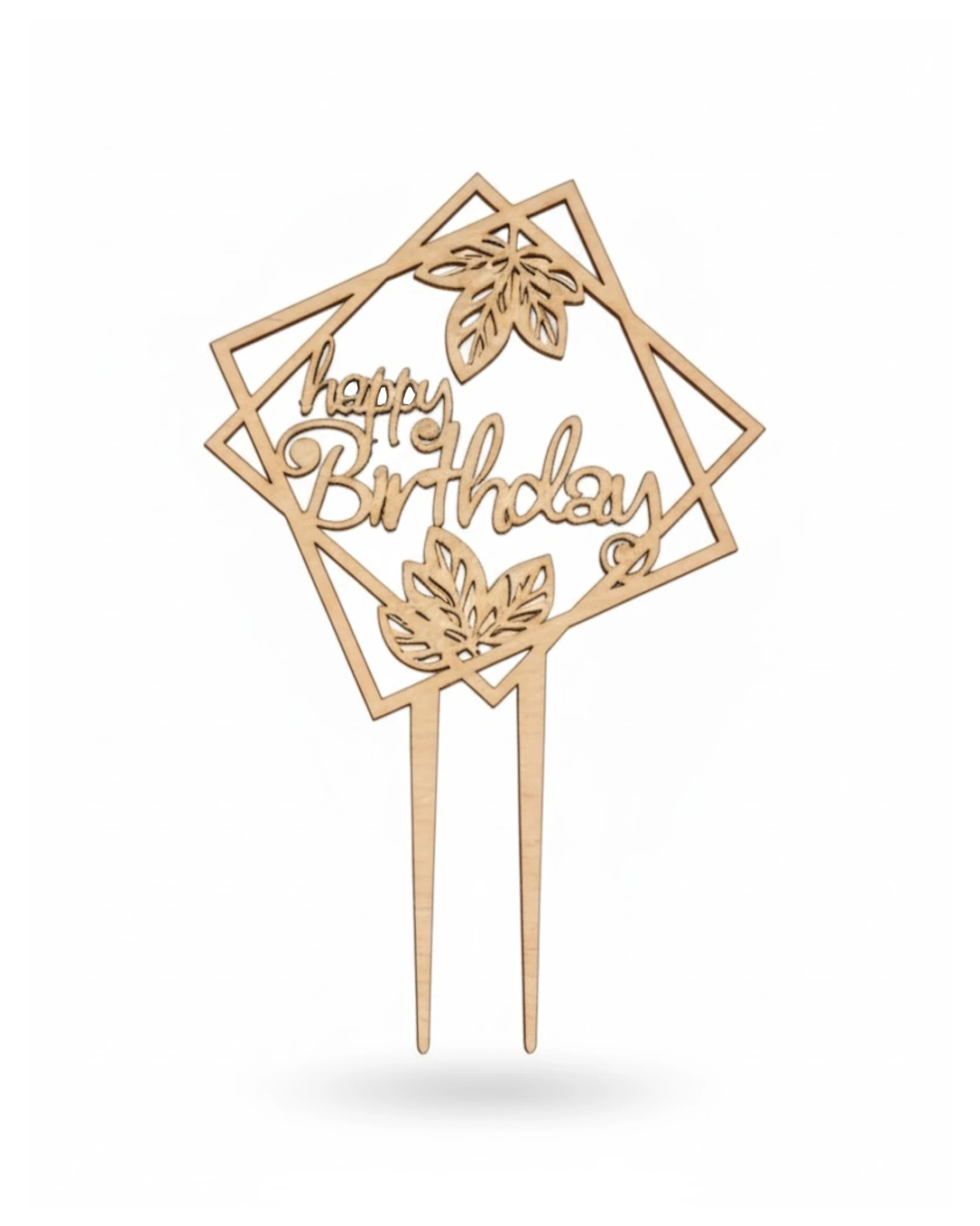 Topper "Happy Birthday" w Kwadracie z Liśćmi - grawerowanie laserowe ze sklejki | Lumoria Studio Rybnik
