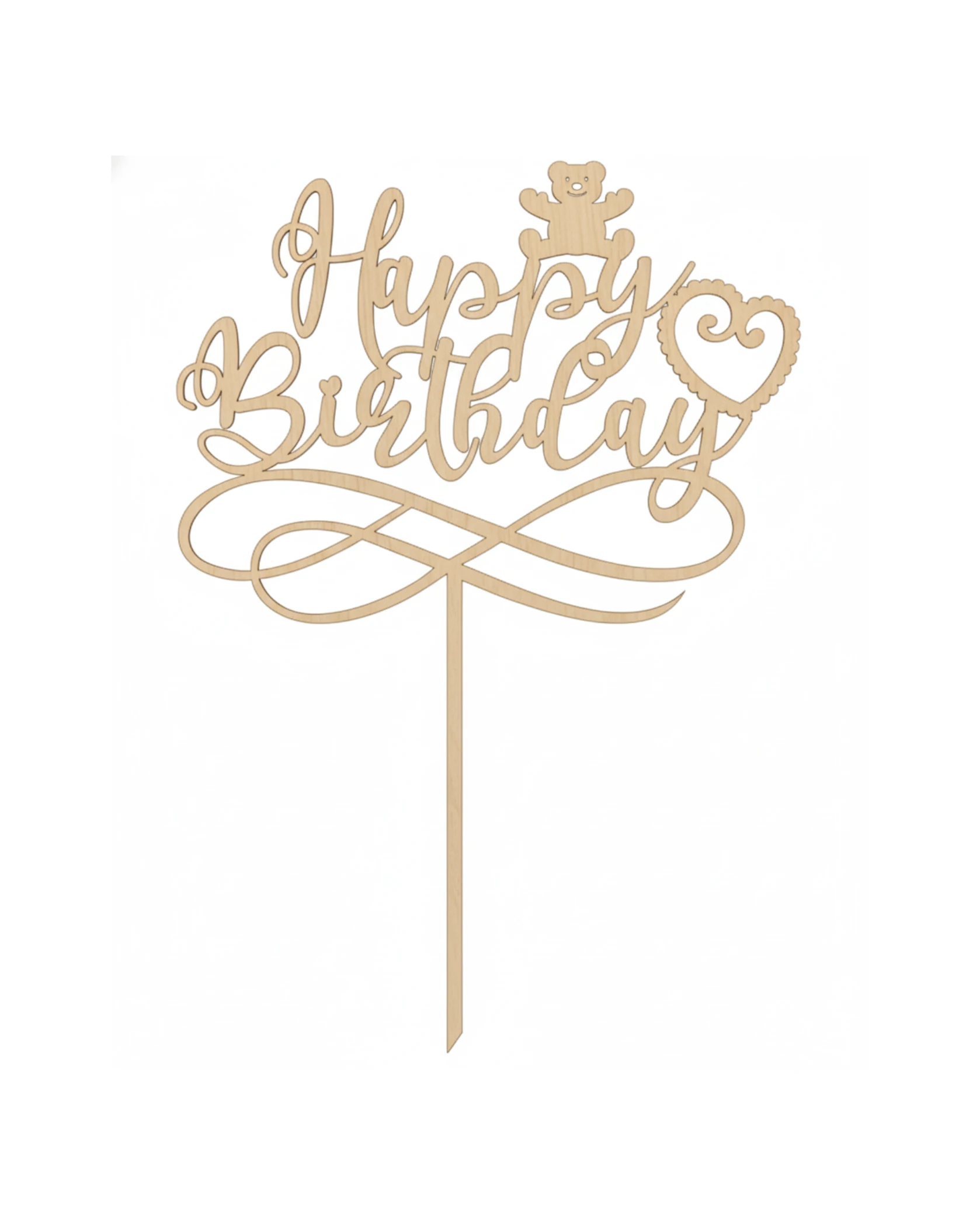 Topper "Happy Birthday" z Misiem i Sercem - grawerowanie laserowe ze sklejki | Lumoria Studio Rybnik
